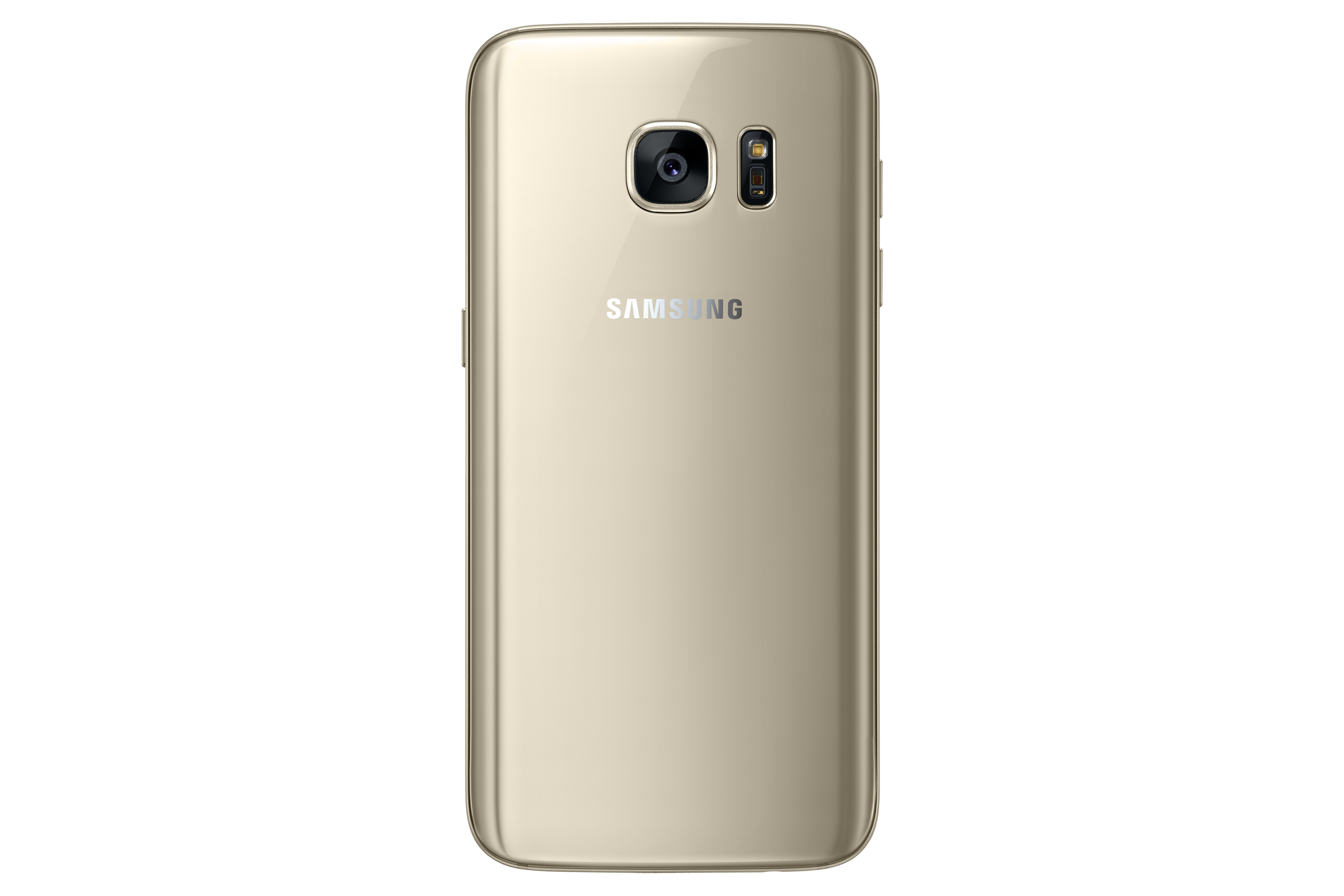 Goldene Samsung-Telefonrückansicht, Kamera und Samsung-Logo sichtbar. Isoliert auf weißem Hintergrund.