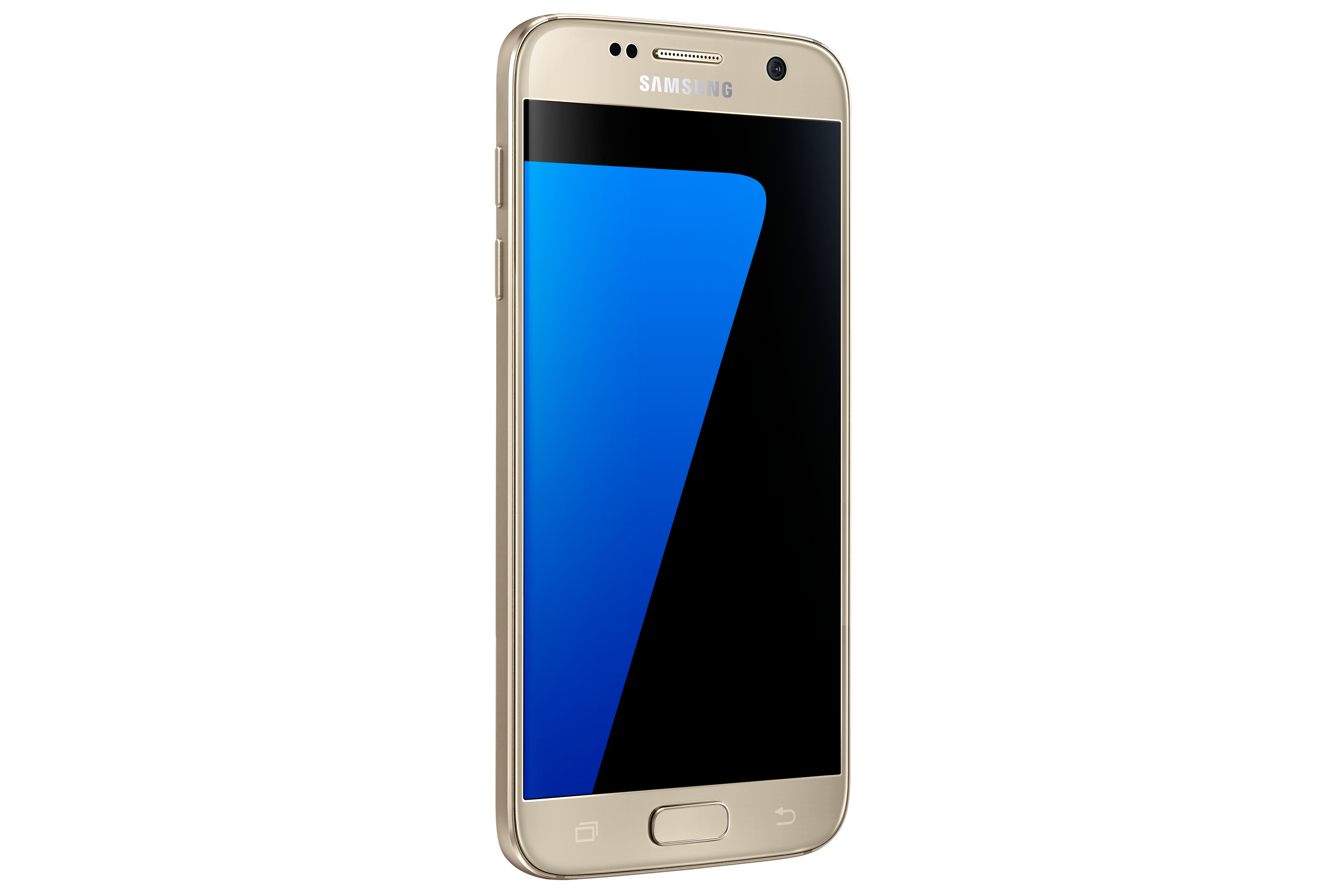 Ein goldenes Telefon mit einem Bildschirm, der Blau und Schwarz zeigt. Das Telefon ist abgewinkelt, mit dem Samsung-Logo. Weißer Hintergrund.