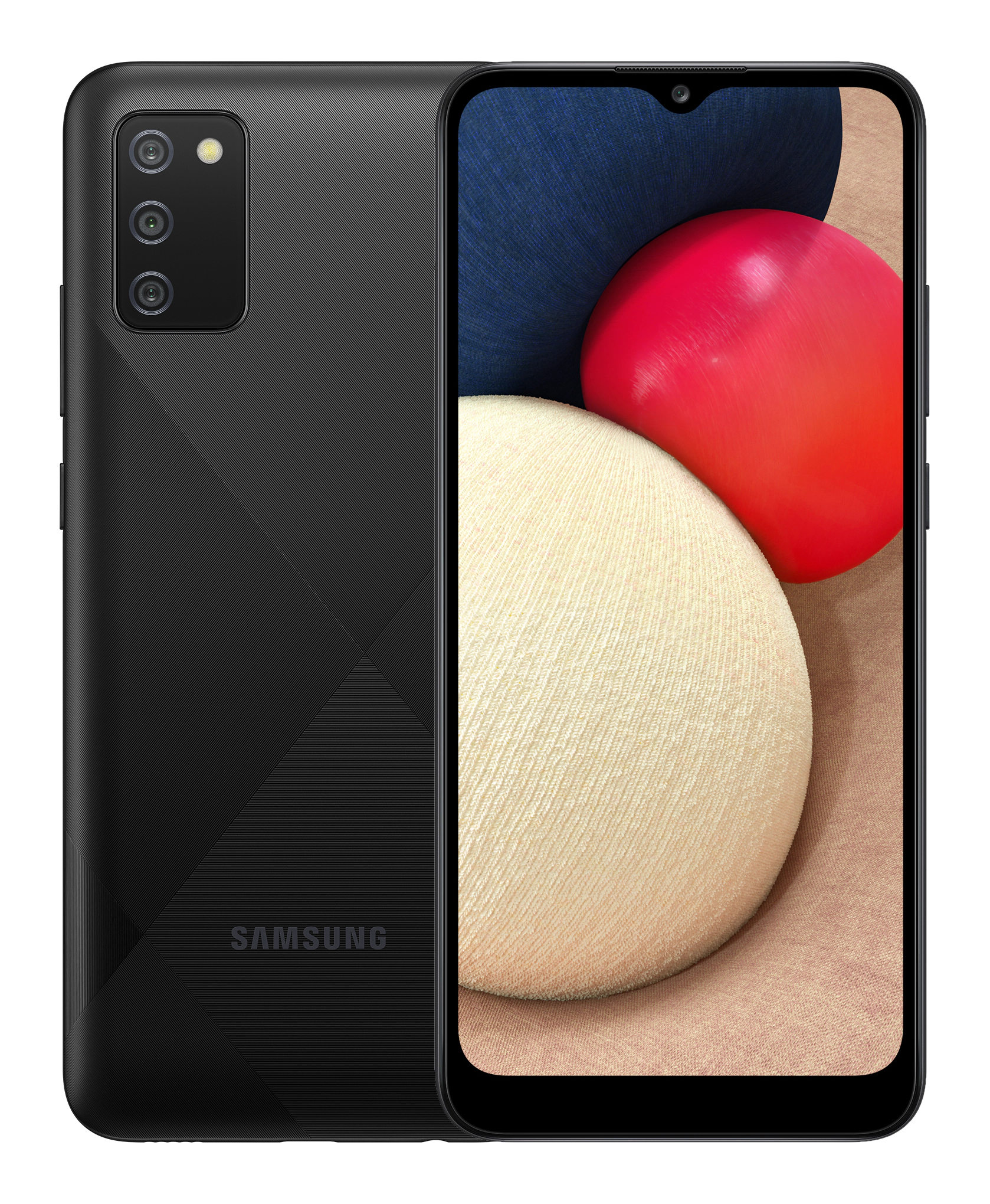 Schwarzes Smartphone, Rück- und Vorderansicht. Zeigt Kamera auf der Rückseite und buntes Display.