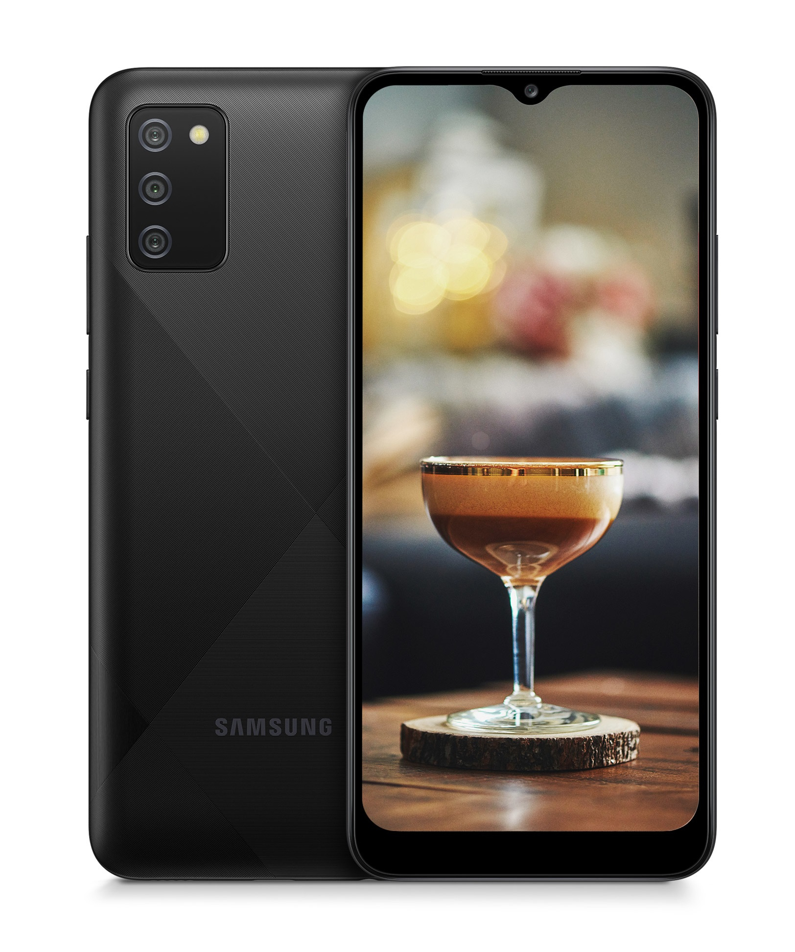 Schwarzes Samsung-Telefon, eine Seite zeigt die Rückseite, mit einem Cocktailbild auf dem Display.