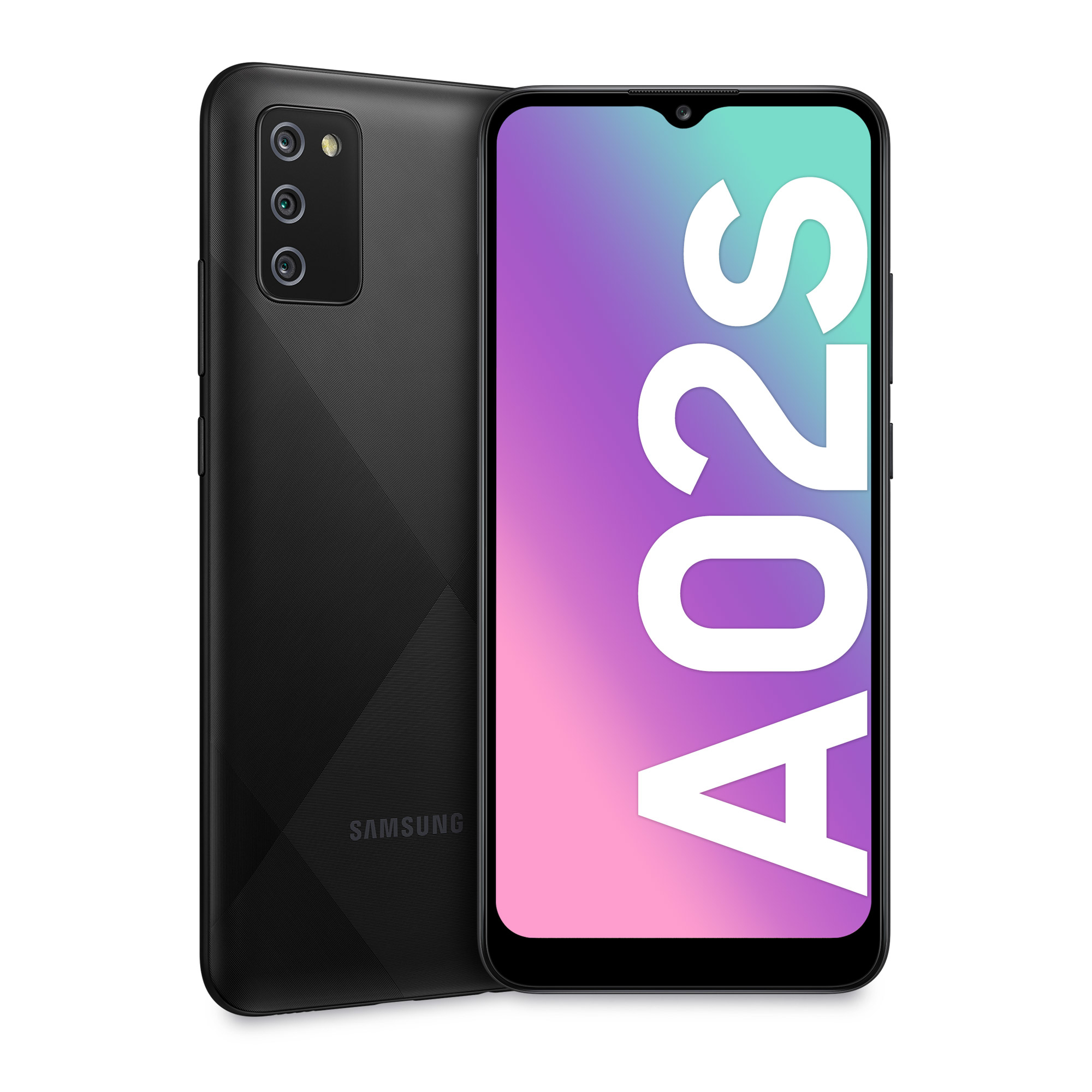 Schwarzes Smartphone, Vorder- und Rückseite zeigend. Die Vorderseite zeigt den Bildschirm mit A02S-Text.