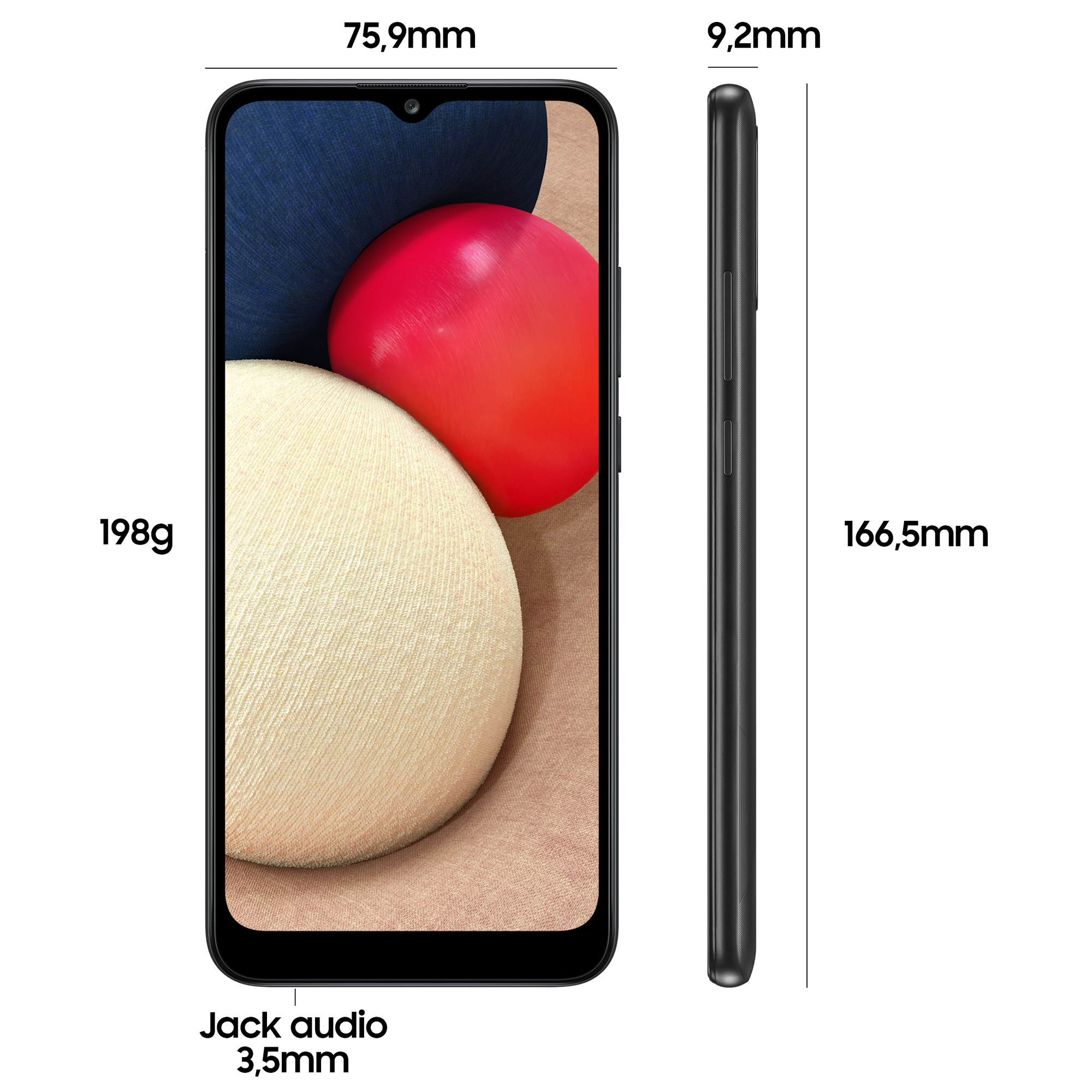 Smartphone-Abmessungen, Vorder-, Seitenansicht. Das Display zeigt die Vorderseite, eine Seitenansicht und Abmessungen.
