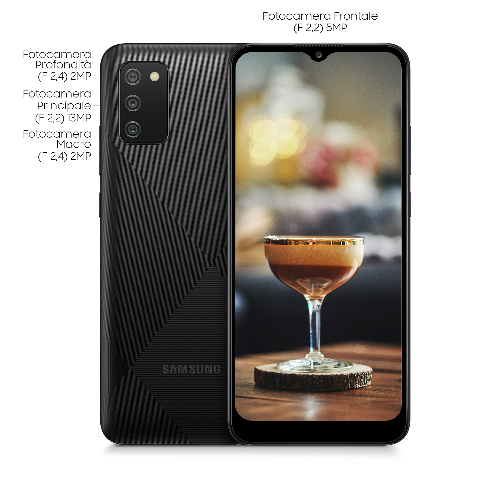 Schwarzes Smartphone, zeigt die Rückseite und die Vorderseite. Funktionen werden auf dem Bildschirm angezeigt.