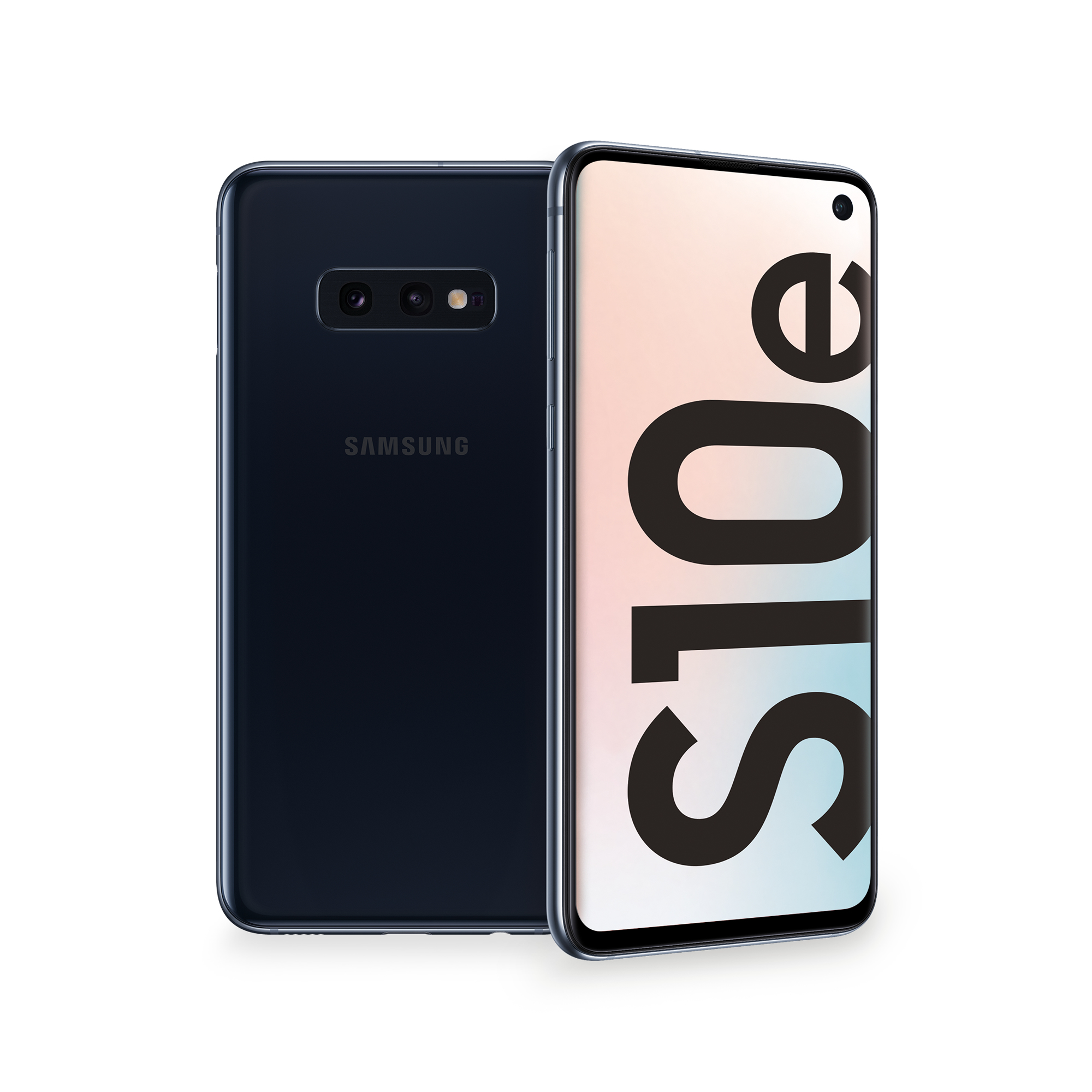 Uno smartphone Samsung S10e blu scuro è mostrato davanti e dietro, su sfondo bianco.