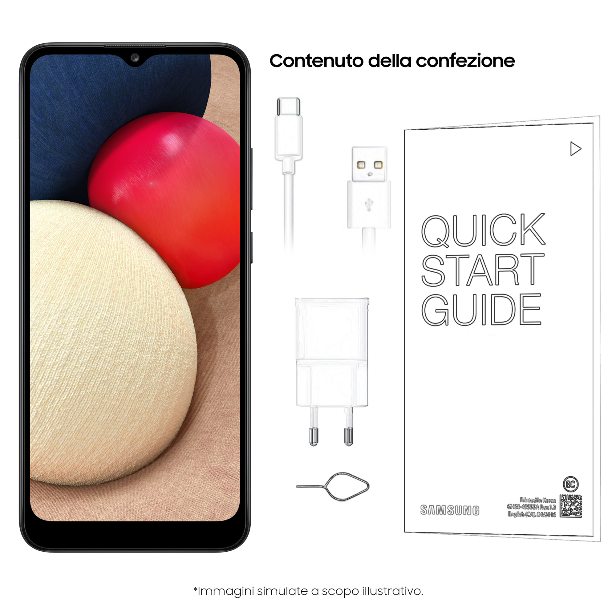 Smartphone mit Zubehör, einschließlich Ladegerät, Kabel und Kurzanleitung.