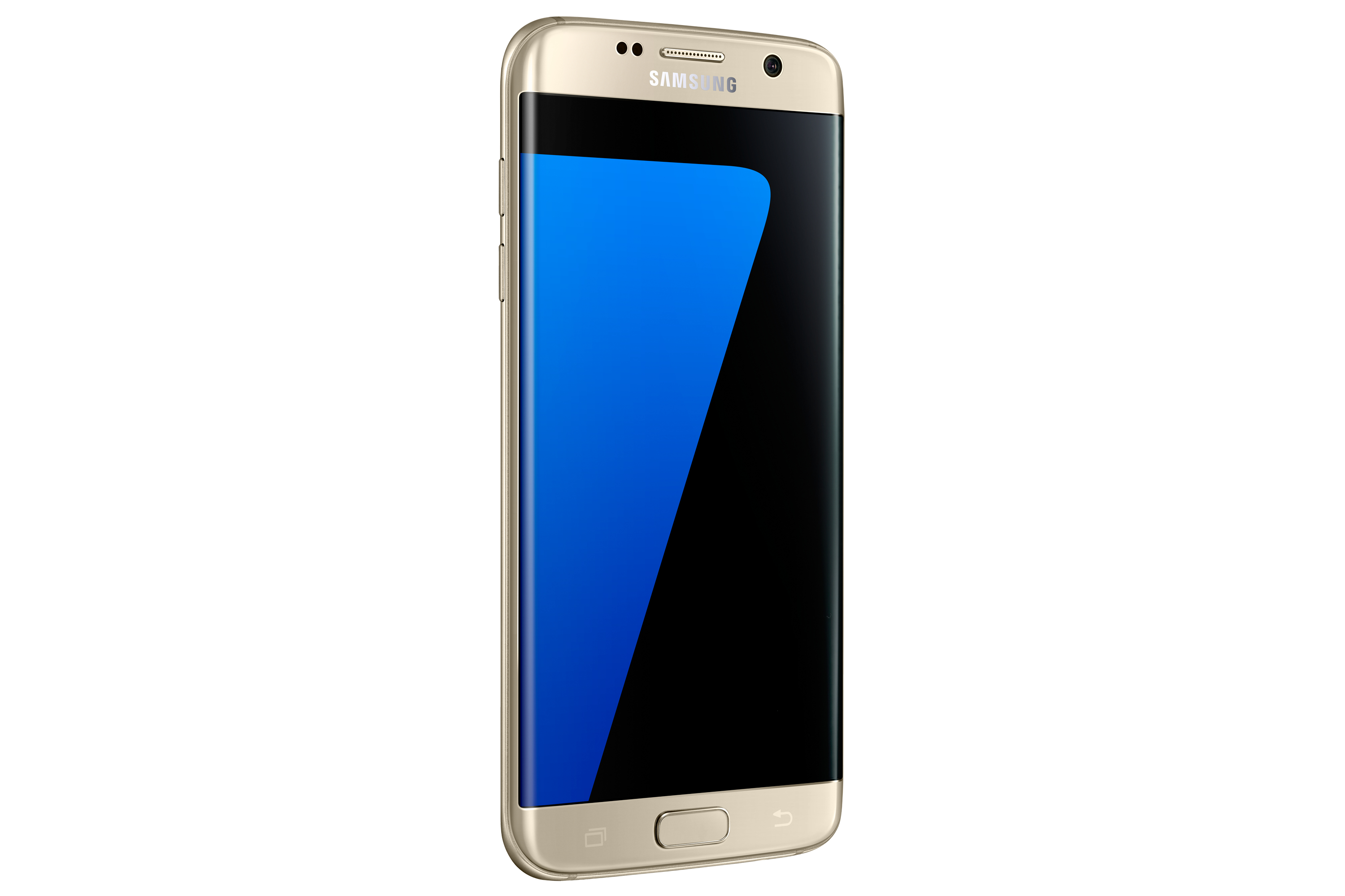Smartphone oro, schermo blu, sfondo bianco e vista laterale.