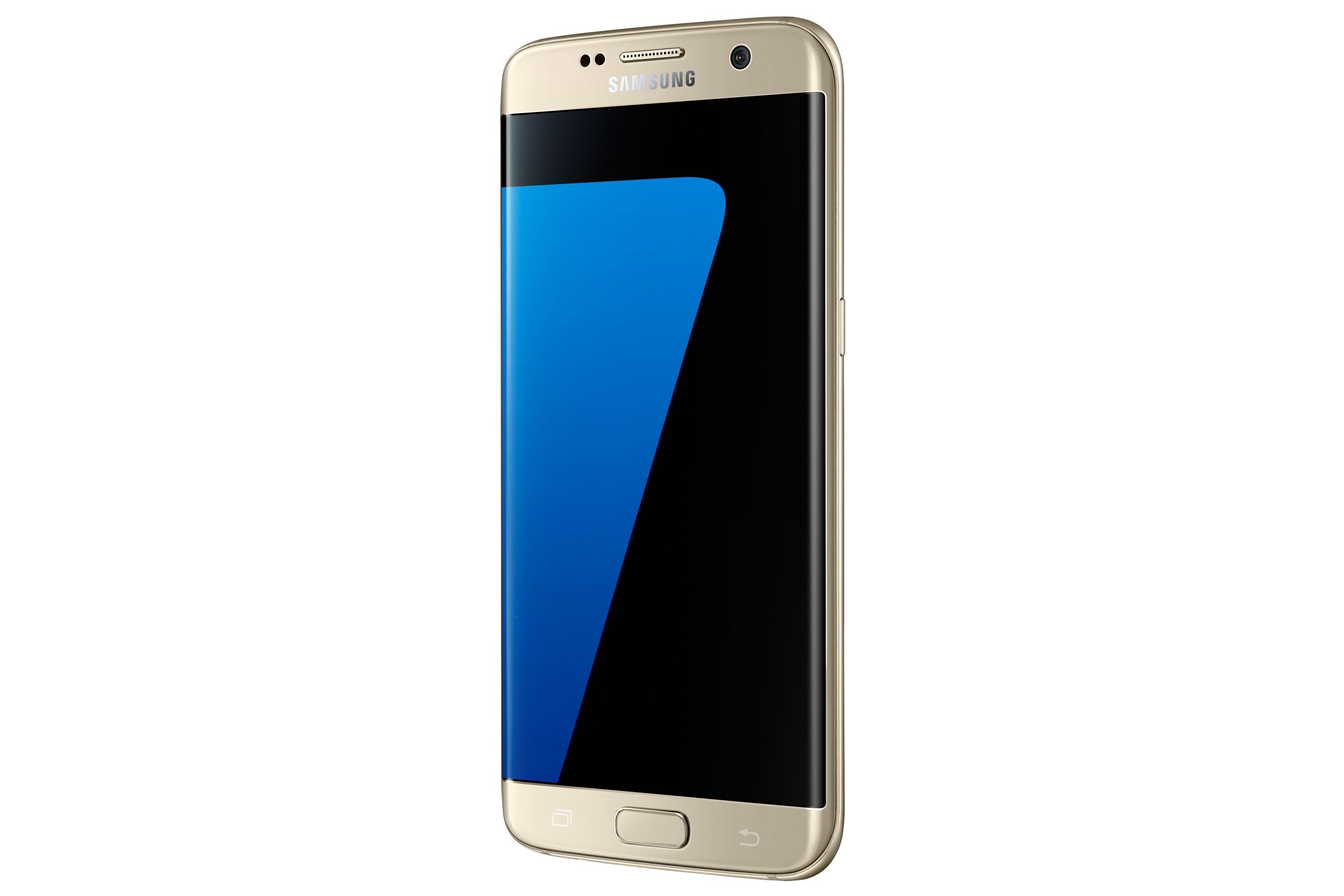 Smartphone dorato con schermo blu, marchio Samsung, isolato su bianco.