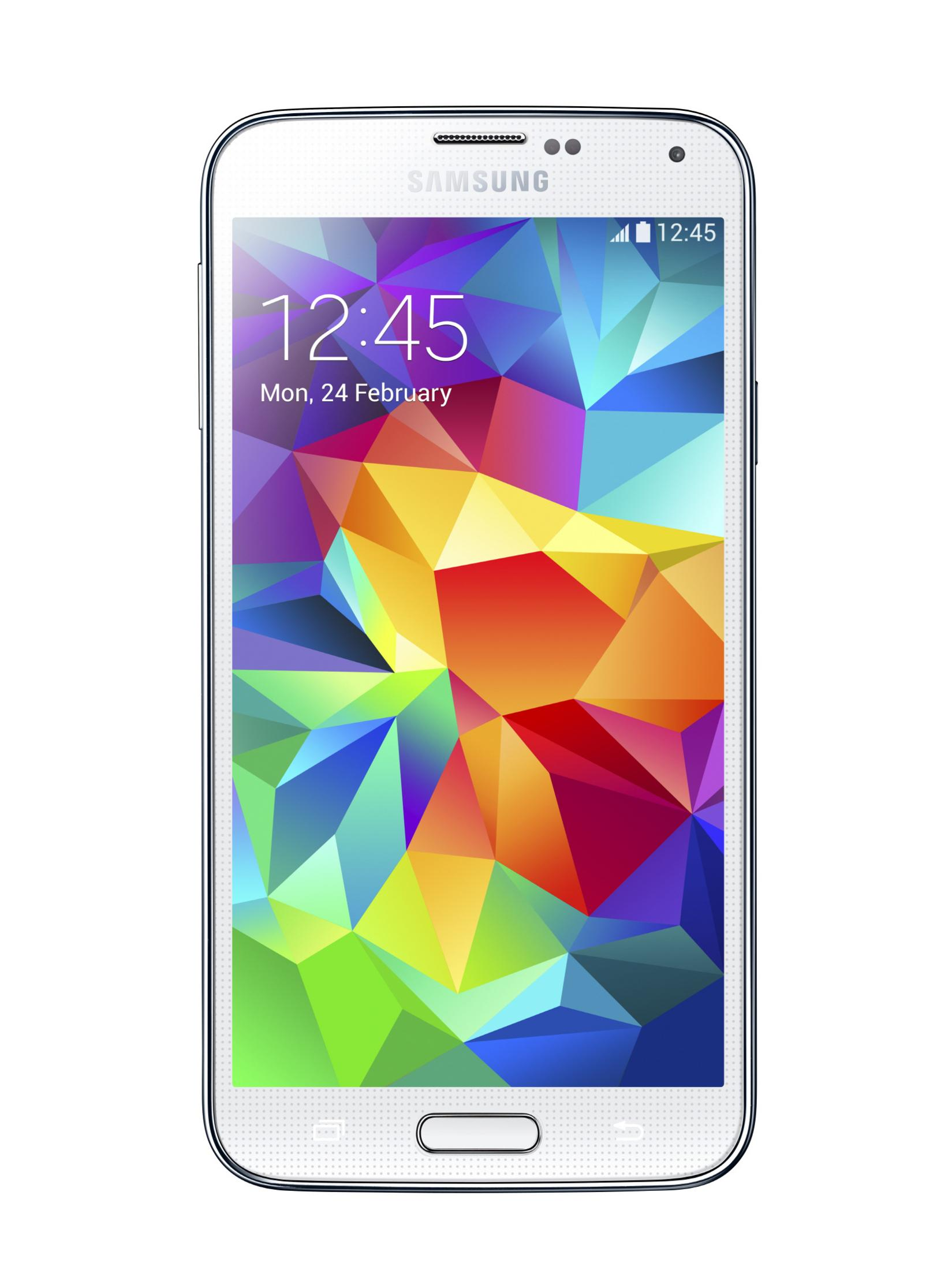 Weißes Samsung-Telefon, das Zeit und bunte geometrische Formen auf dem Bildschirm anzeigt.