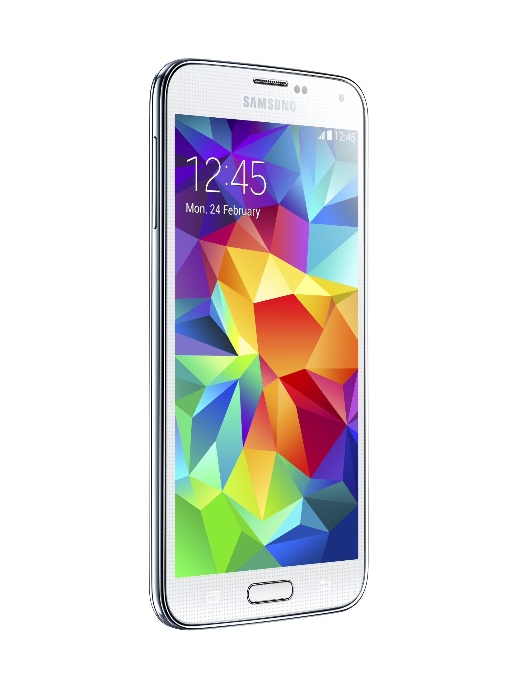 Ein weißes Samsung-Telefon, das einen bunten Bildschirm mit der Uhrzeit 12:45 anzeigt.