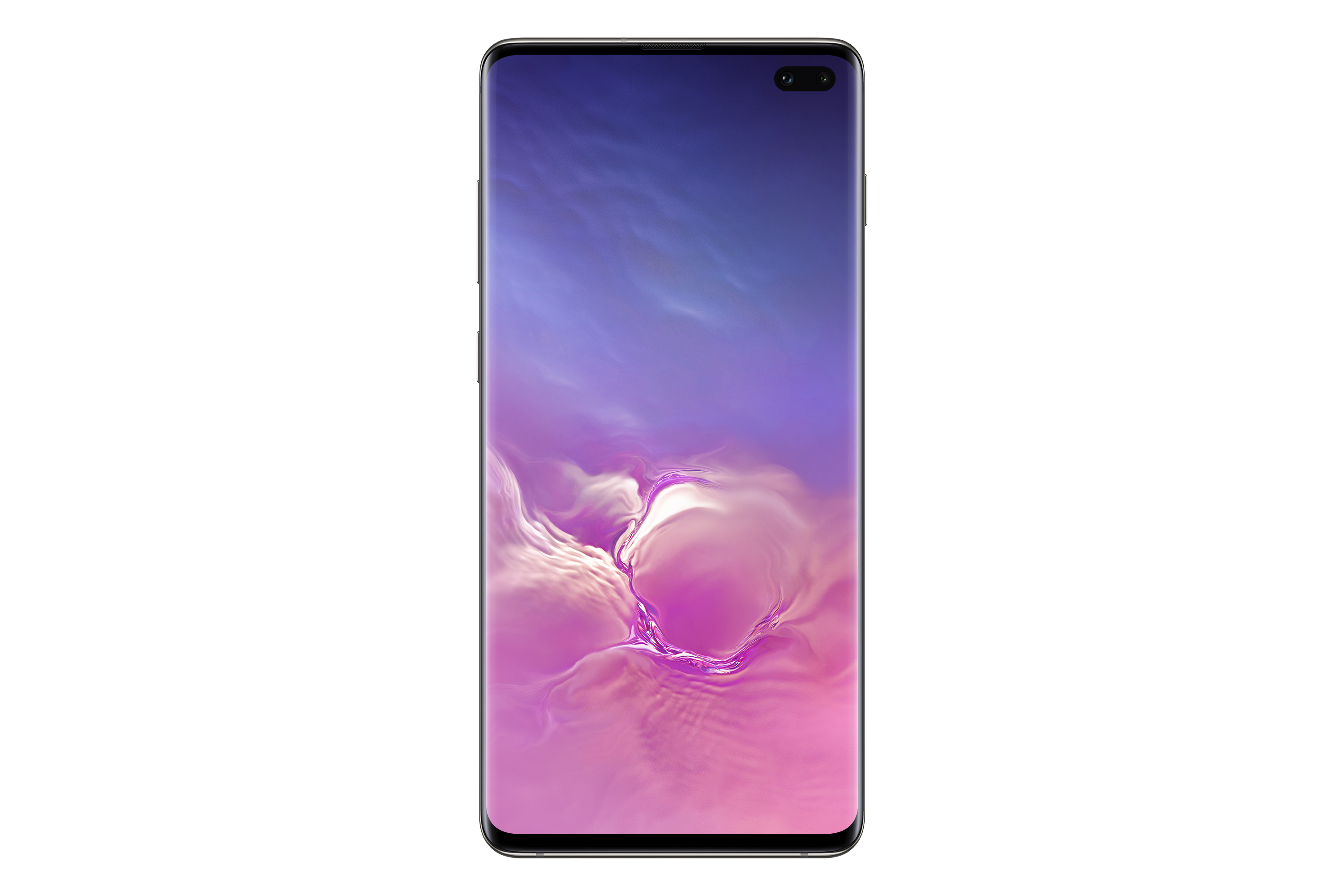 Vista frontale di un telefono Samsung con un grande schermo che mostra un'immagine astratta colorata.