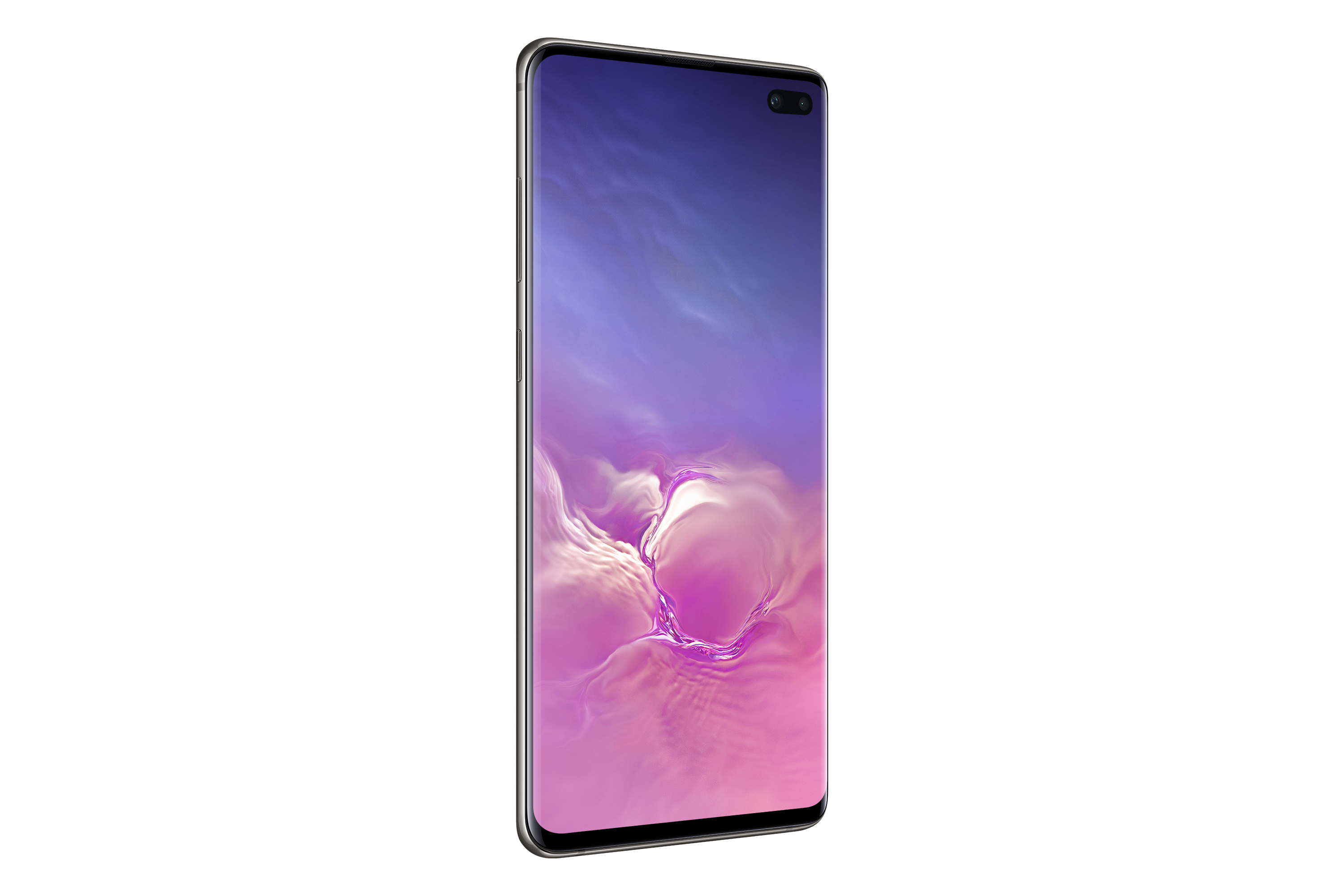 Telefono Samsung, vista angolata. Lo schermo ha una sfumatura blu e viola.
