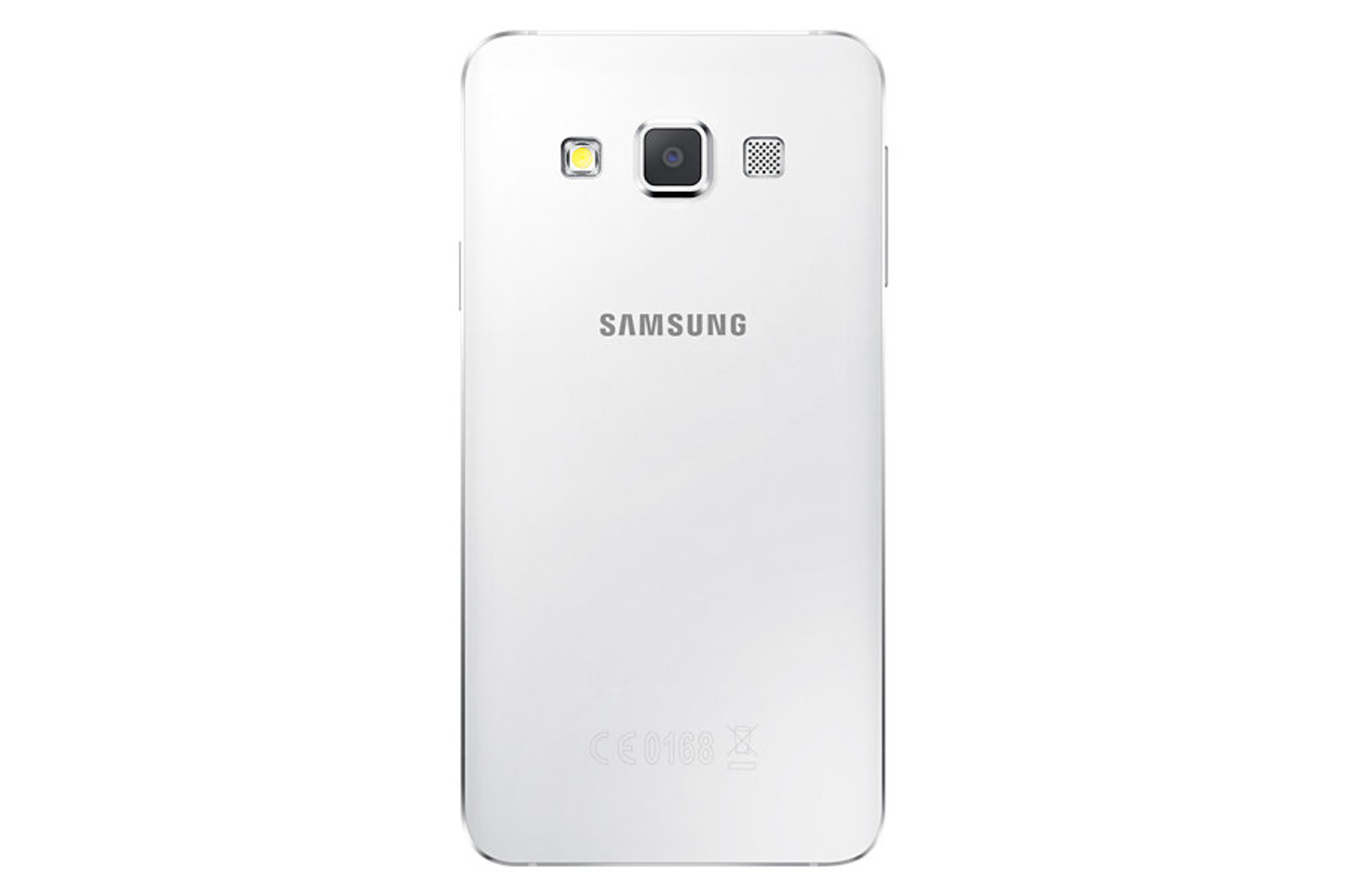 Widok z tyłu białego telefonu Samsung. Posiada aparat i głośnik.