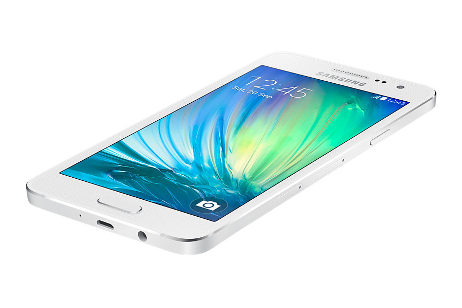 Biały telefon Samsung z wyświetlaczem czasu i daty, na białej powierzchni.