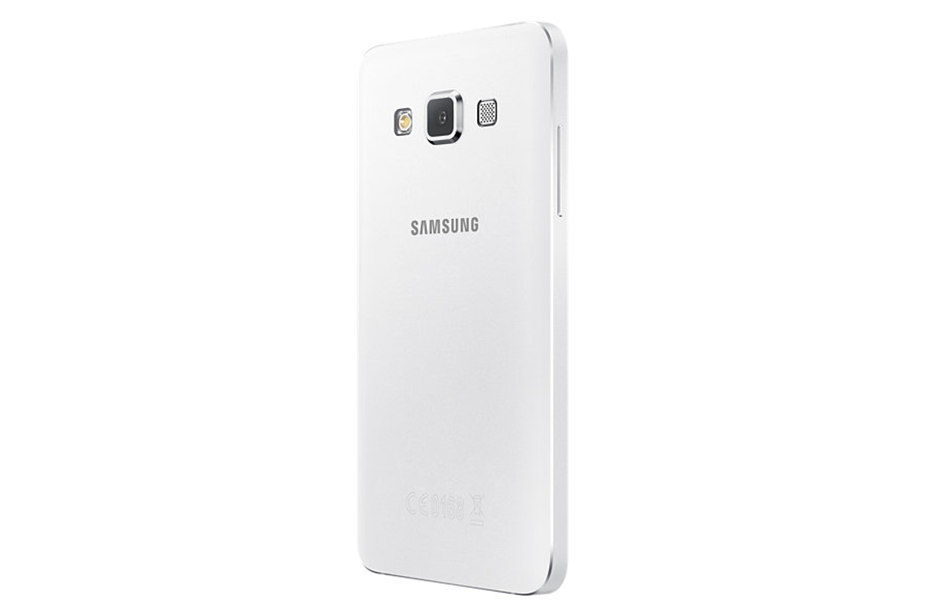 Tył białego smartfona z aparatem i logo Samsung, na białym tle.