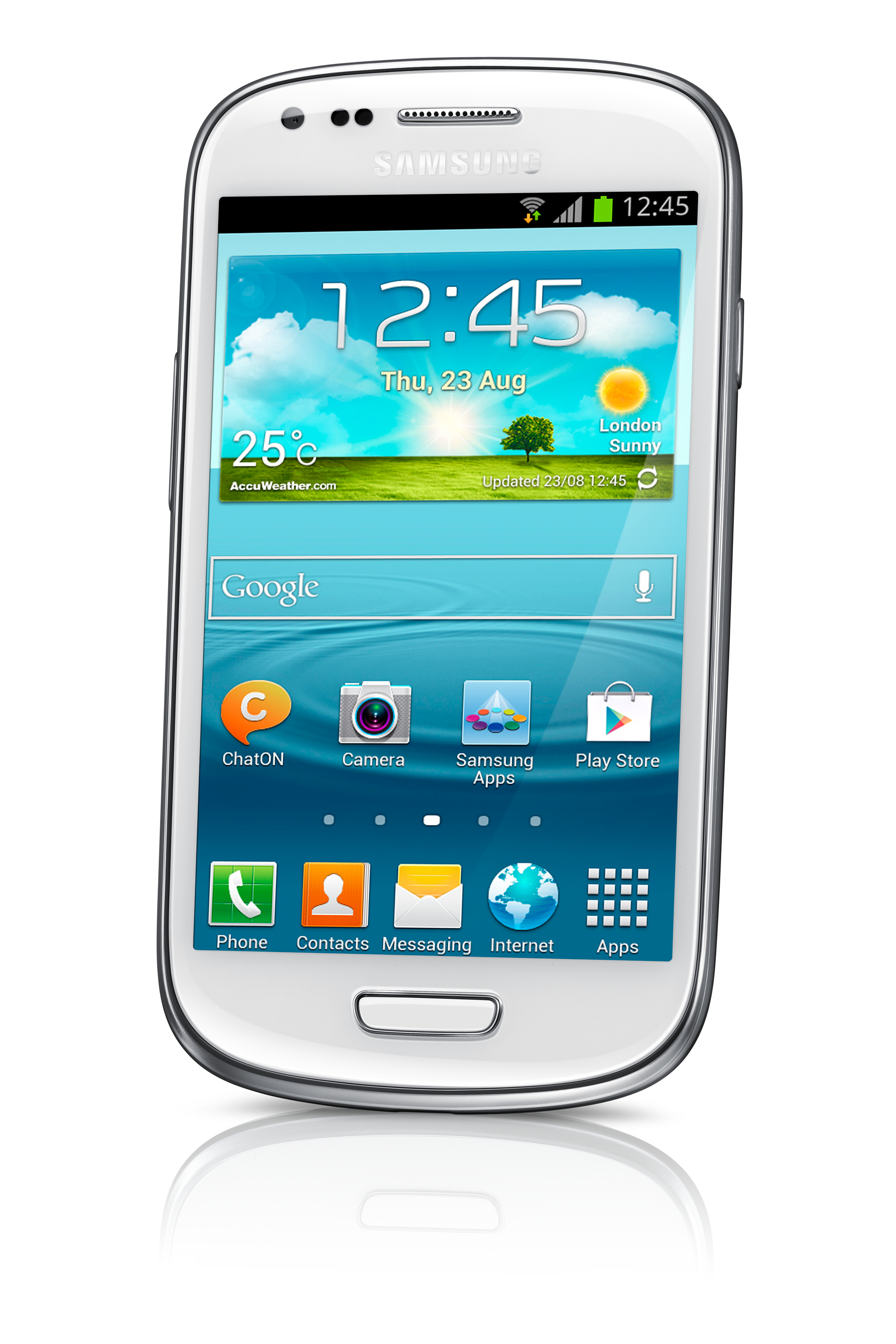 Ein weißes Samsung-Telefon mit einem Bildschirm, der Zeit, Wetter und App-Symbole anzeigt.