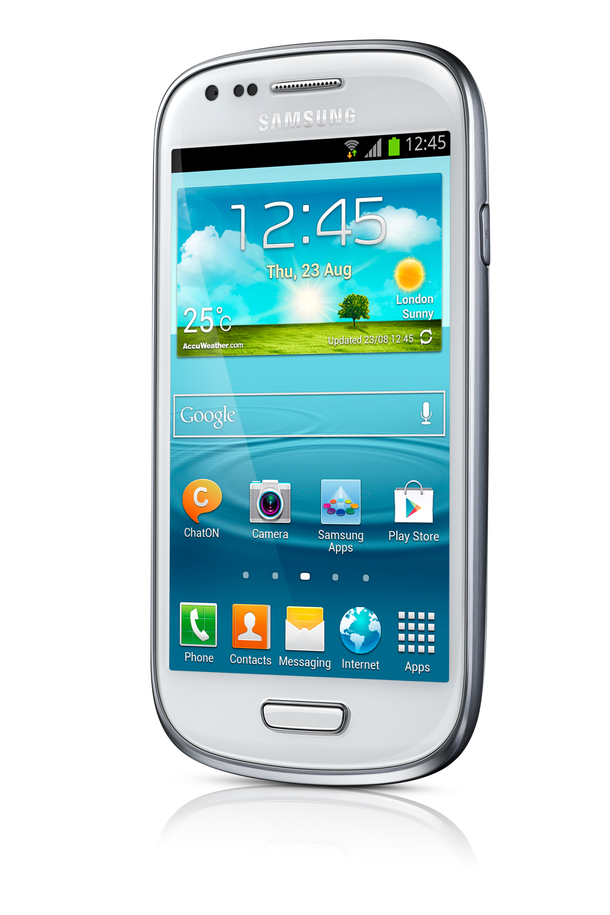 Weißes Samsung-Telefon mit blauem Bildschirm, der Zeit, Wetter und Icons zeigt.