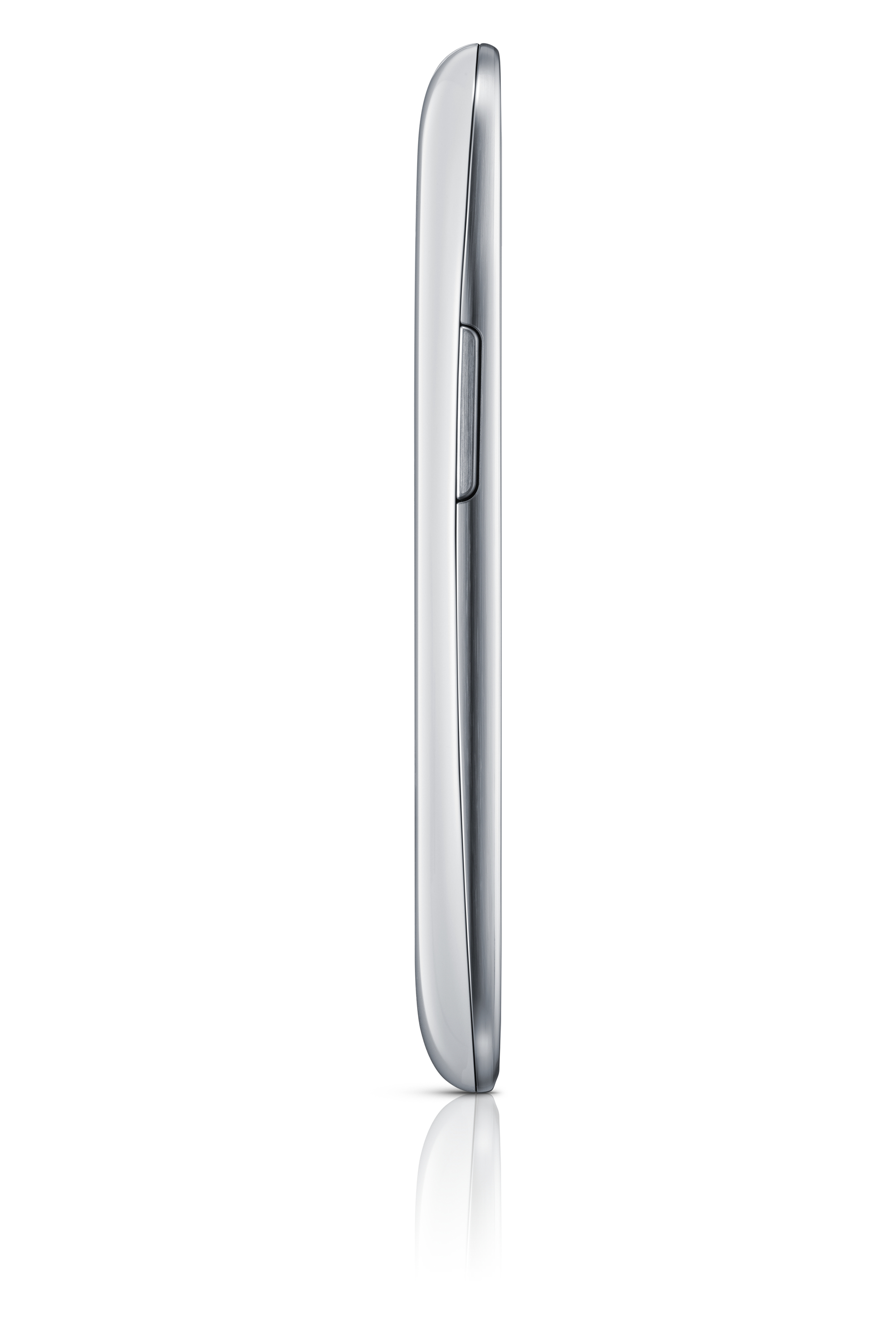 Seitenansicht eines weißen Samsung-Telefons mit silbernem Rahmen.