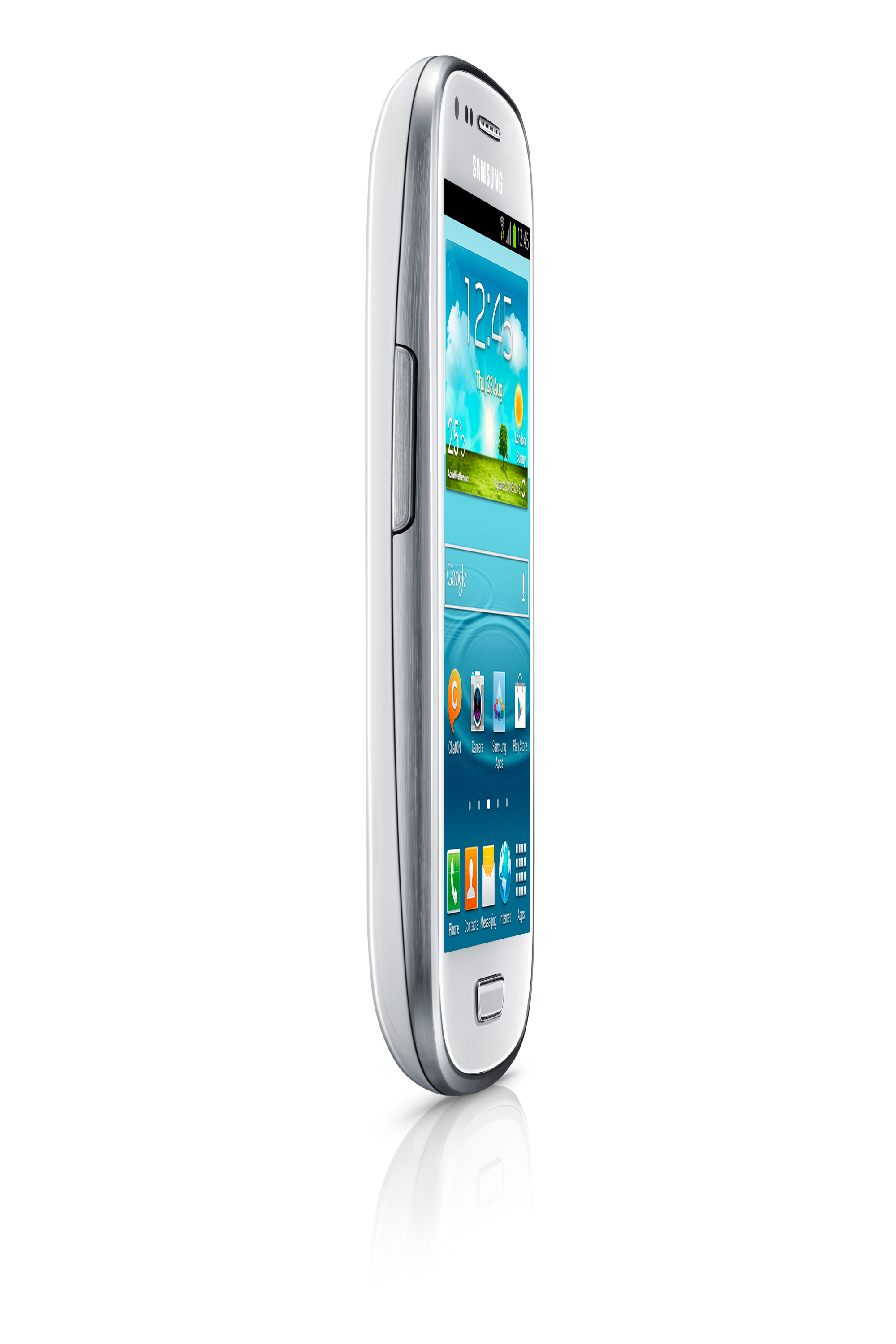 Seitenansicht eines weißen Samsung-Telefons, das den Bildschirm mit Zeit und Icons zeigt.