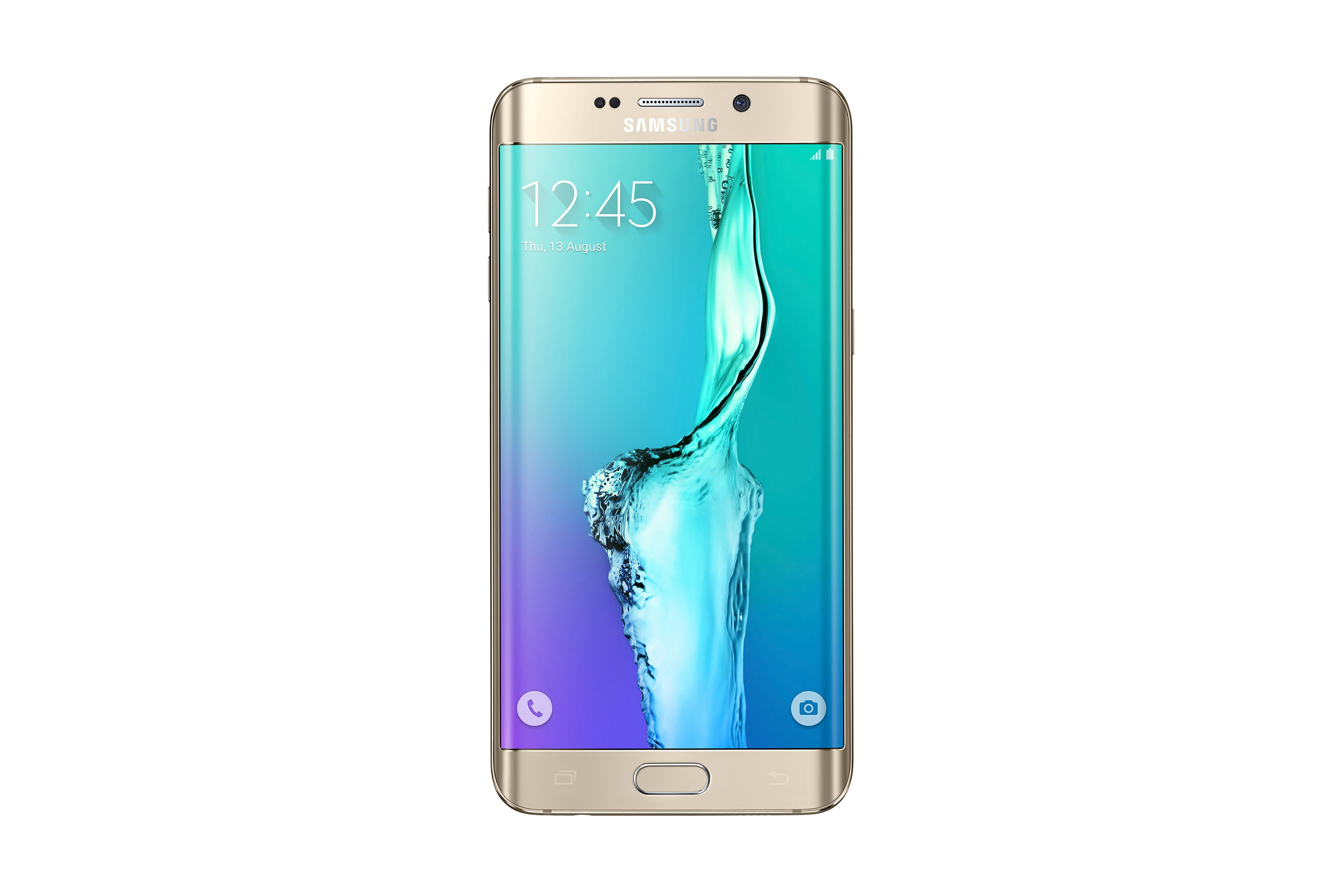 Telefono oro, schermo che mostra un gradiente blu e verde acqua, e l'ora 12:45.