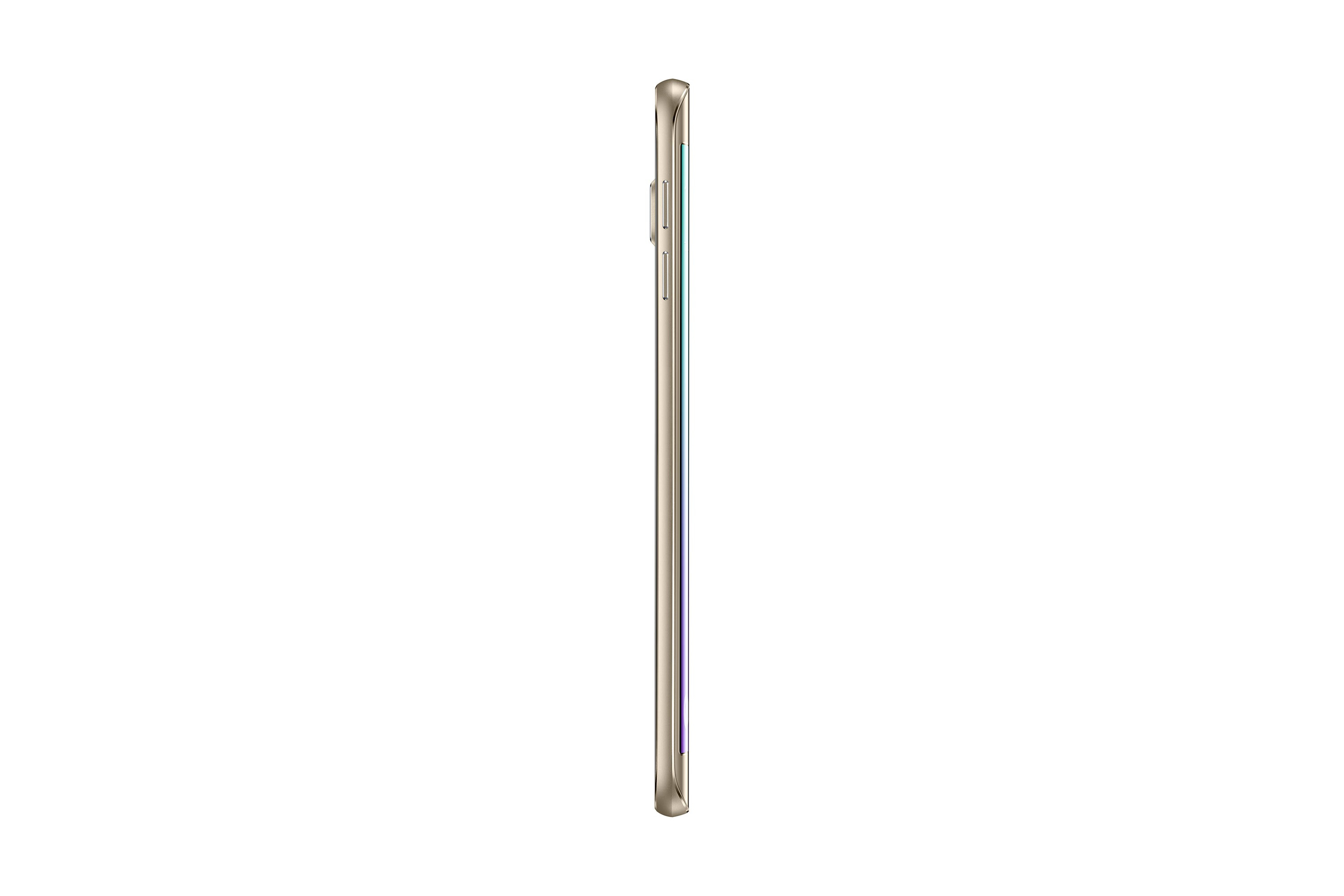 Vista laterale dello smartphone, con cornice dorata e accento viola. Sfondo bianco.