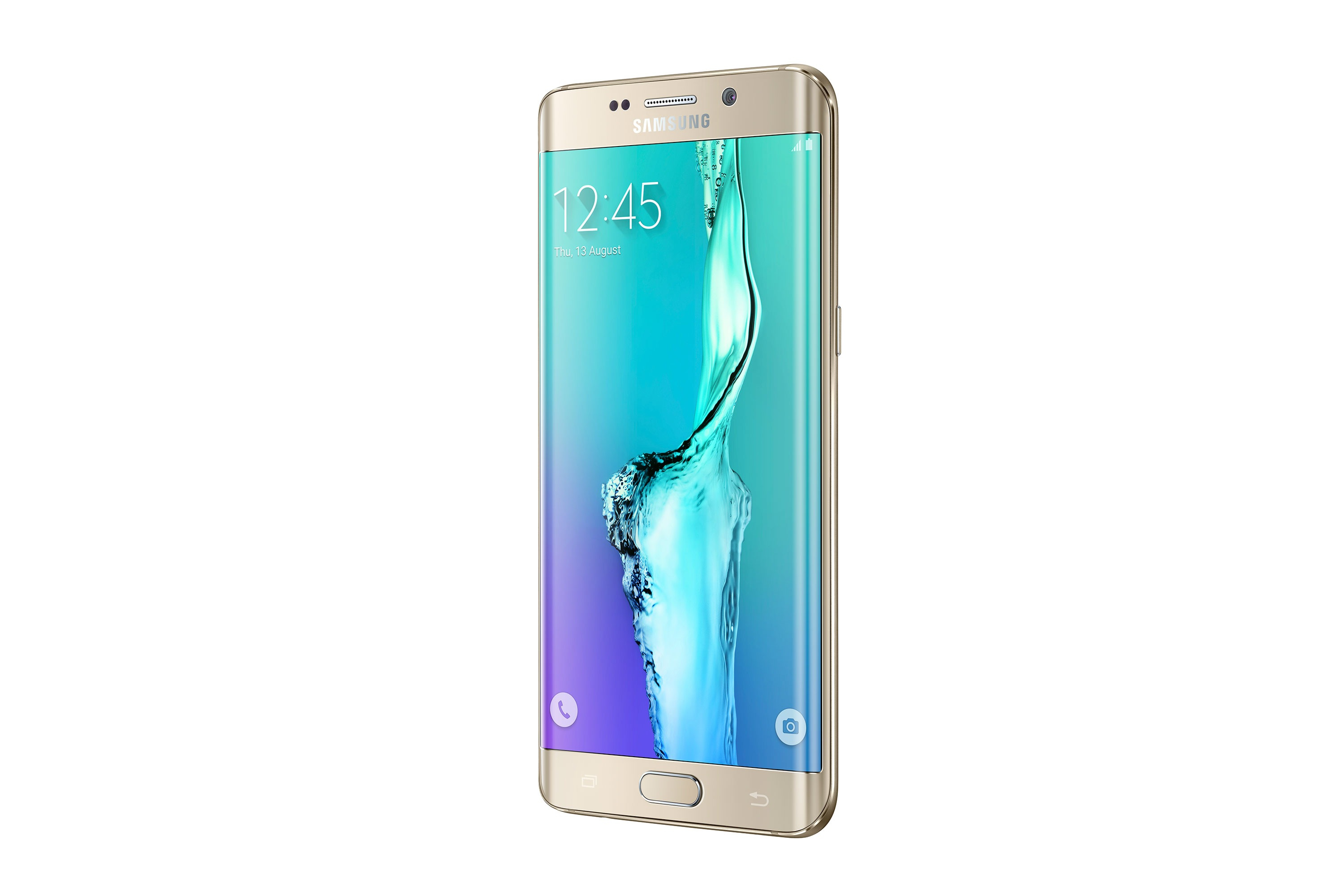Smartphone dorato, vista frontale. Display colorato. Isolato su sfondo bianco.