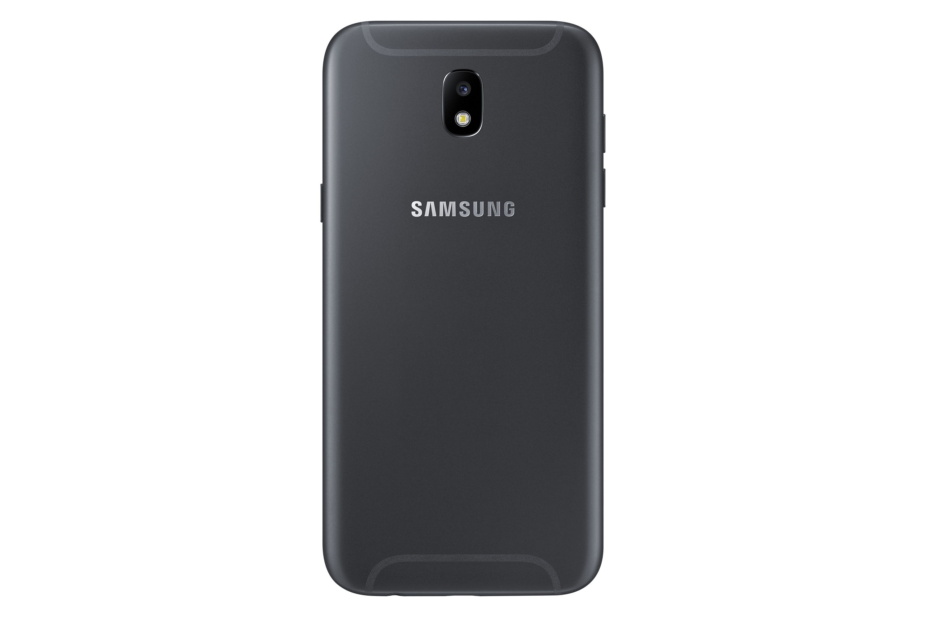 Schwarze Rückseite des Samsung-Telefons, Kamera oben, Samsung-Logo in der Mitte. Weißer Hintergrund.