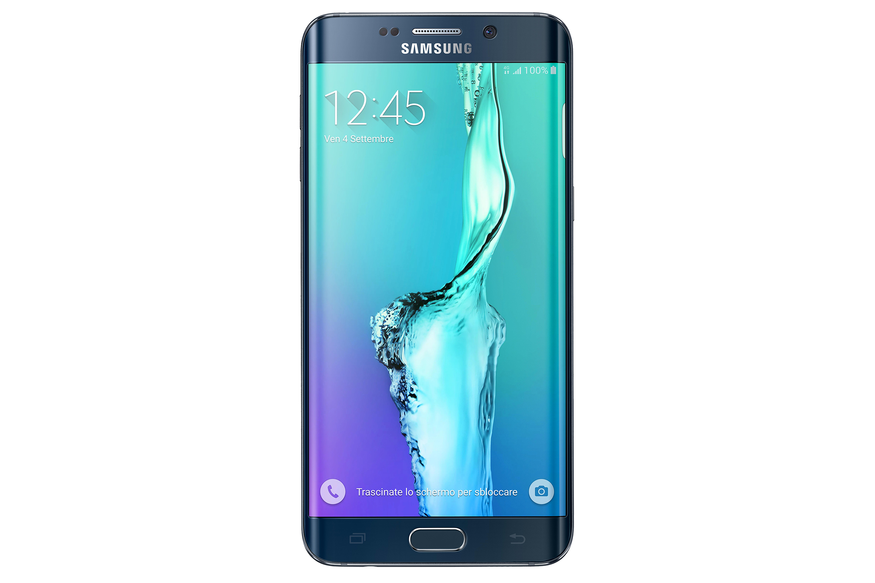Telefono Samsung angolato, con schermo blu e viola. Sfondo bianco.