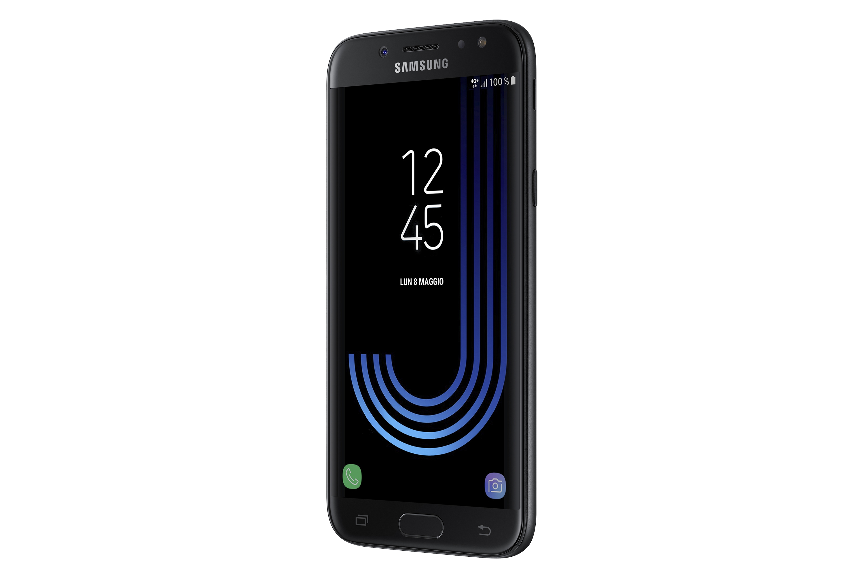 Ein schwarzes Samsung-Telefon mit der Uhrzeit auf dem Bildschirm, nach rechts abgewinkelt.