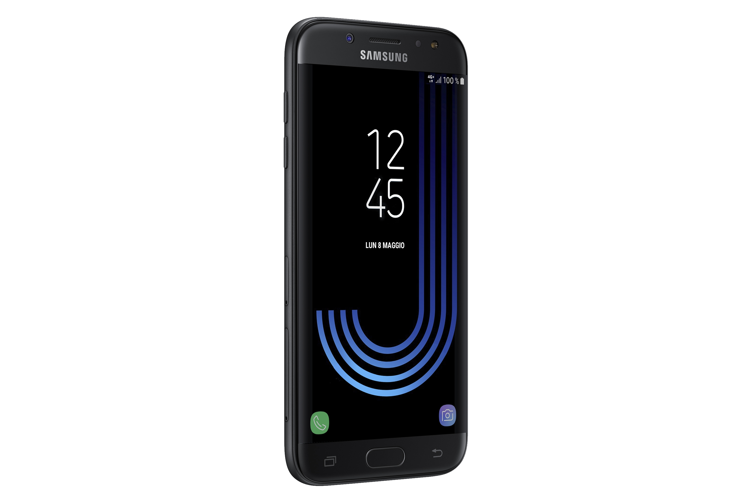 Schwarzes Samsung-Handy mit der Uhrzeit 12:45 Uhr. Das Datum ist der 8. Mai. Weißer Hintergrund.