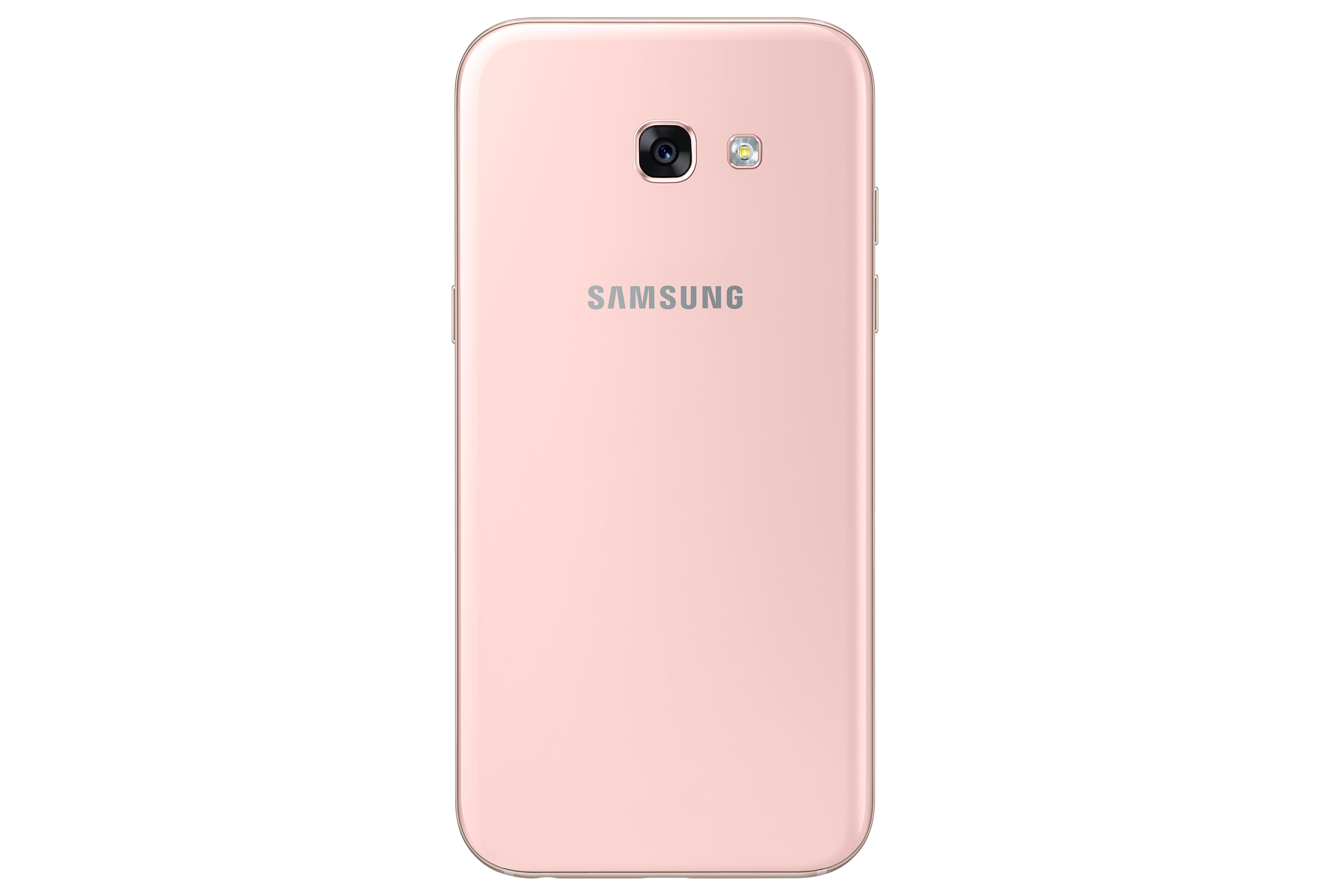 Rückseite eines pinkfarbenen Samsung-Telefons mit Kamera und Blitz.