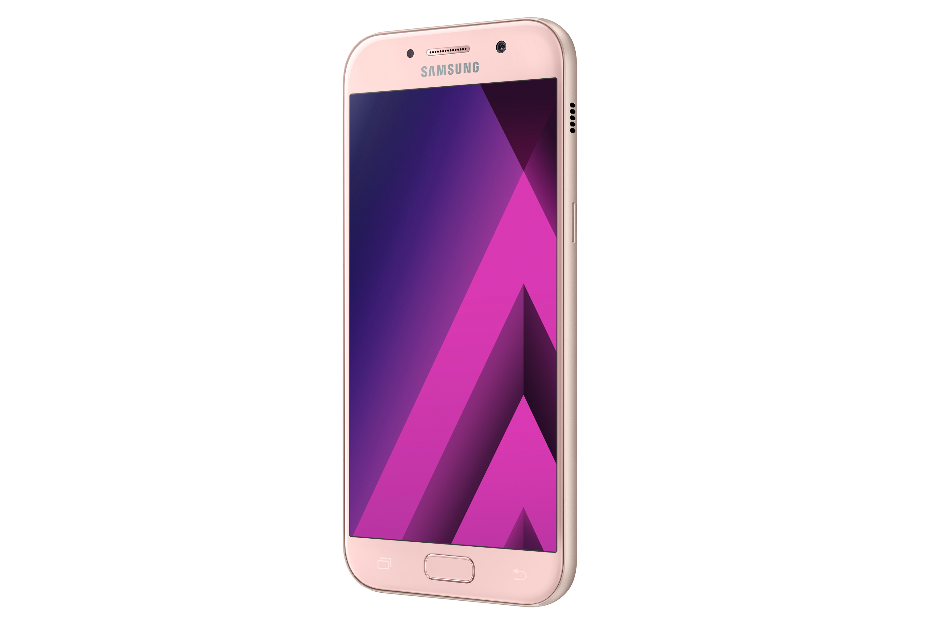 Roségoldenes Samsung-Telefon, Vorderansicht. Rosa und lila Bildschirm. Weißer Hintergrund.