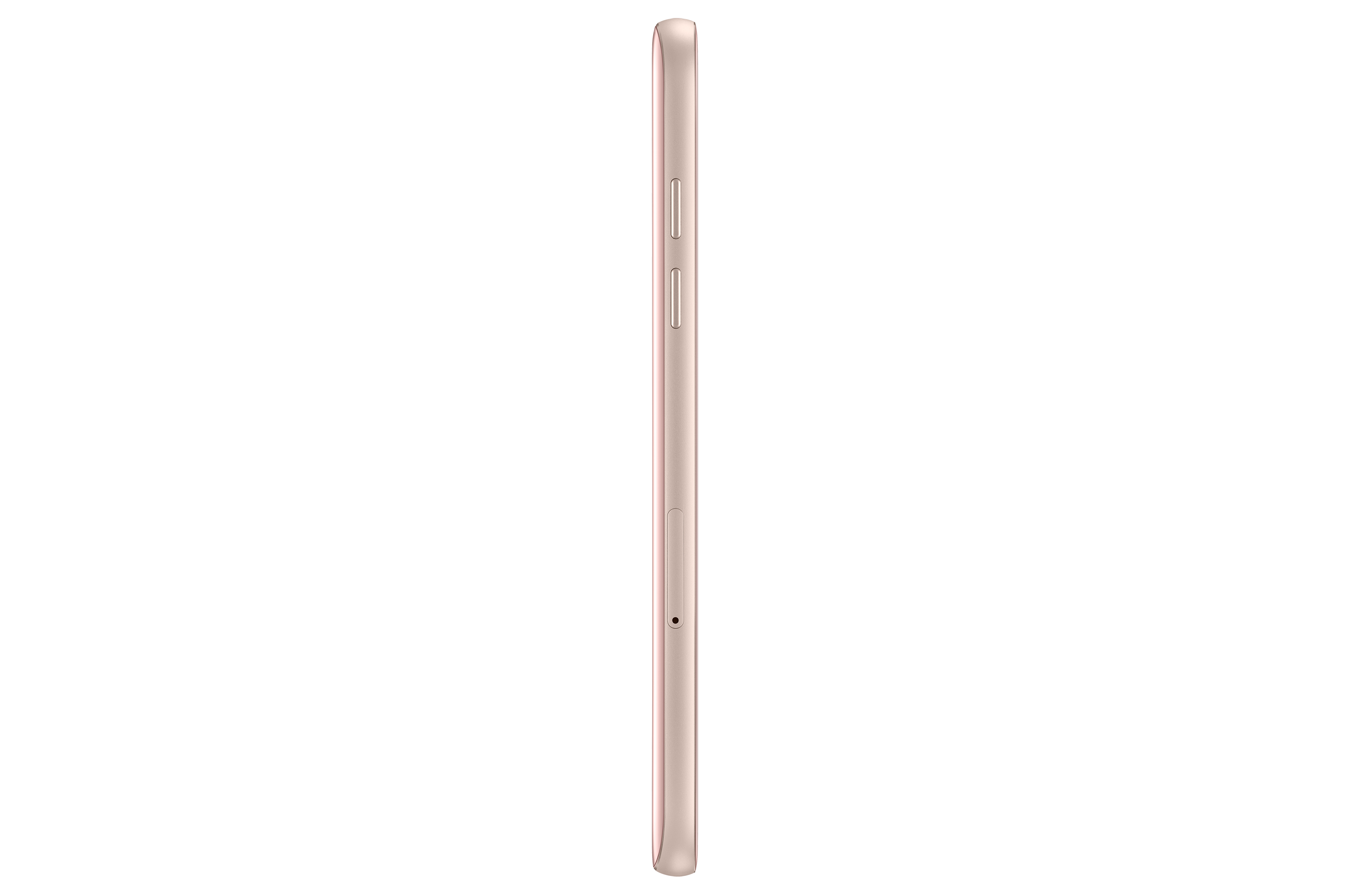 Seitenansicht eines roségoldenen Telefons. Zeigt das Seitenprofil mit Tasten und einem Ladeanschluss.