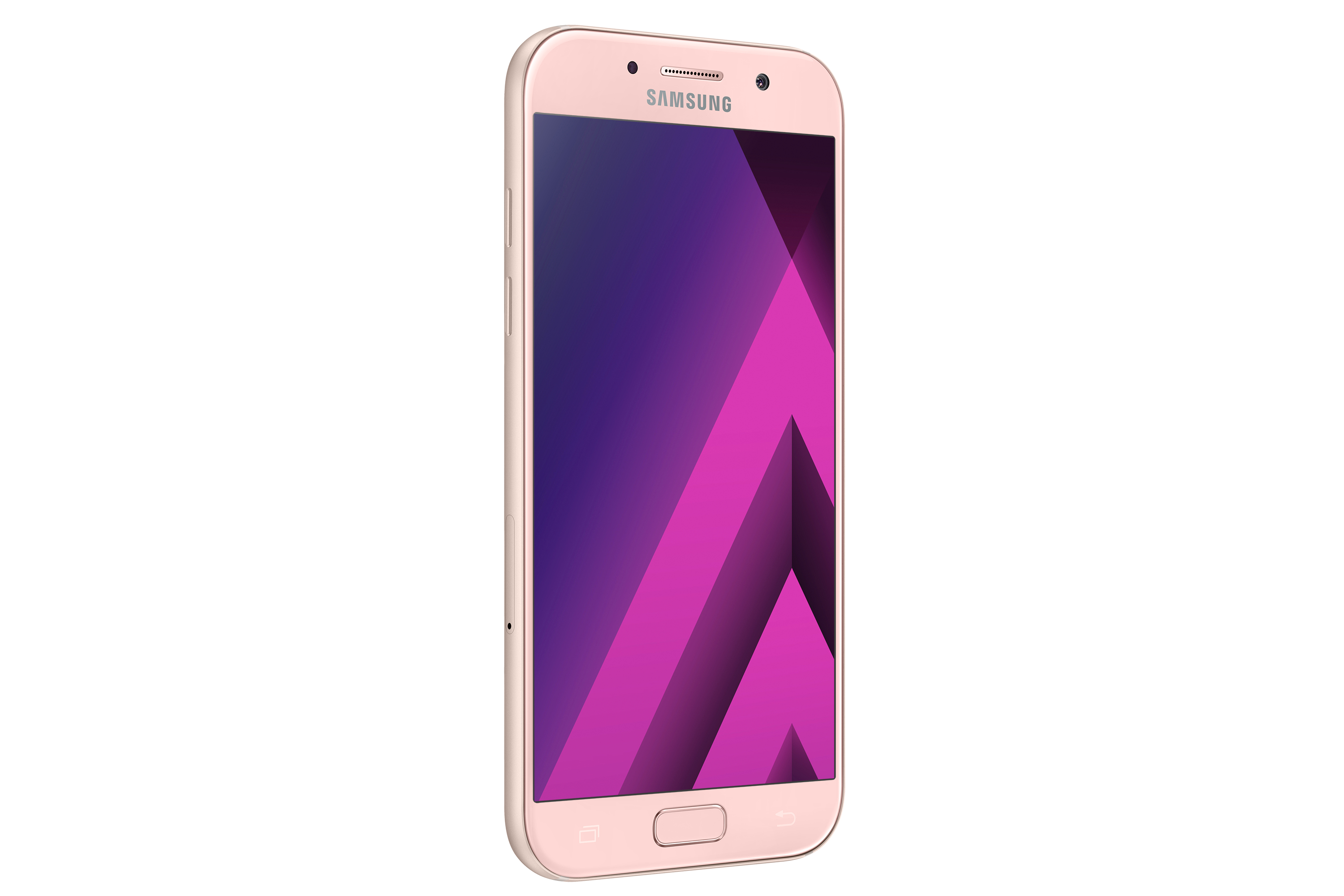 Rosa Samsung-Telefon, schräge Ansicht mit lila und rosa Bildschirm.