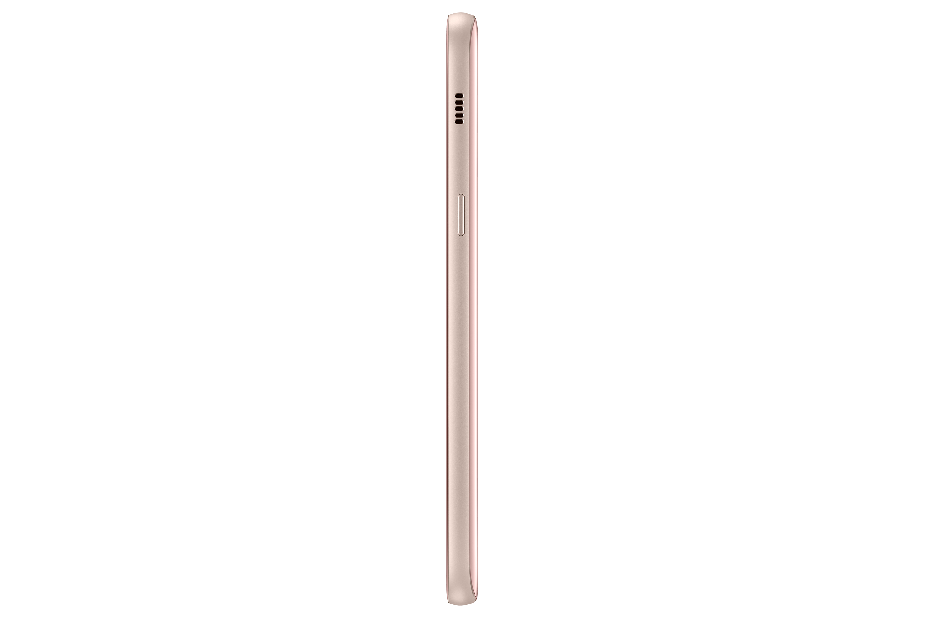 Seitenansicht eines roségoldenen Smartphones mit Knöpfen. Weißer Hintergrund.