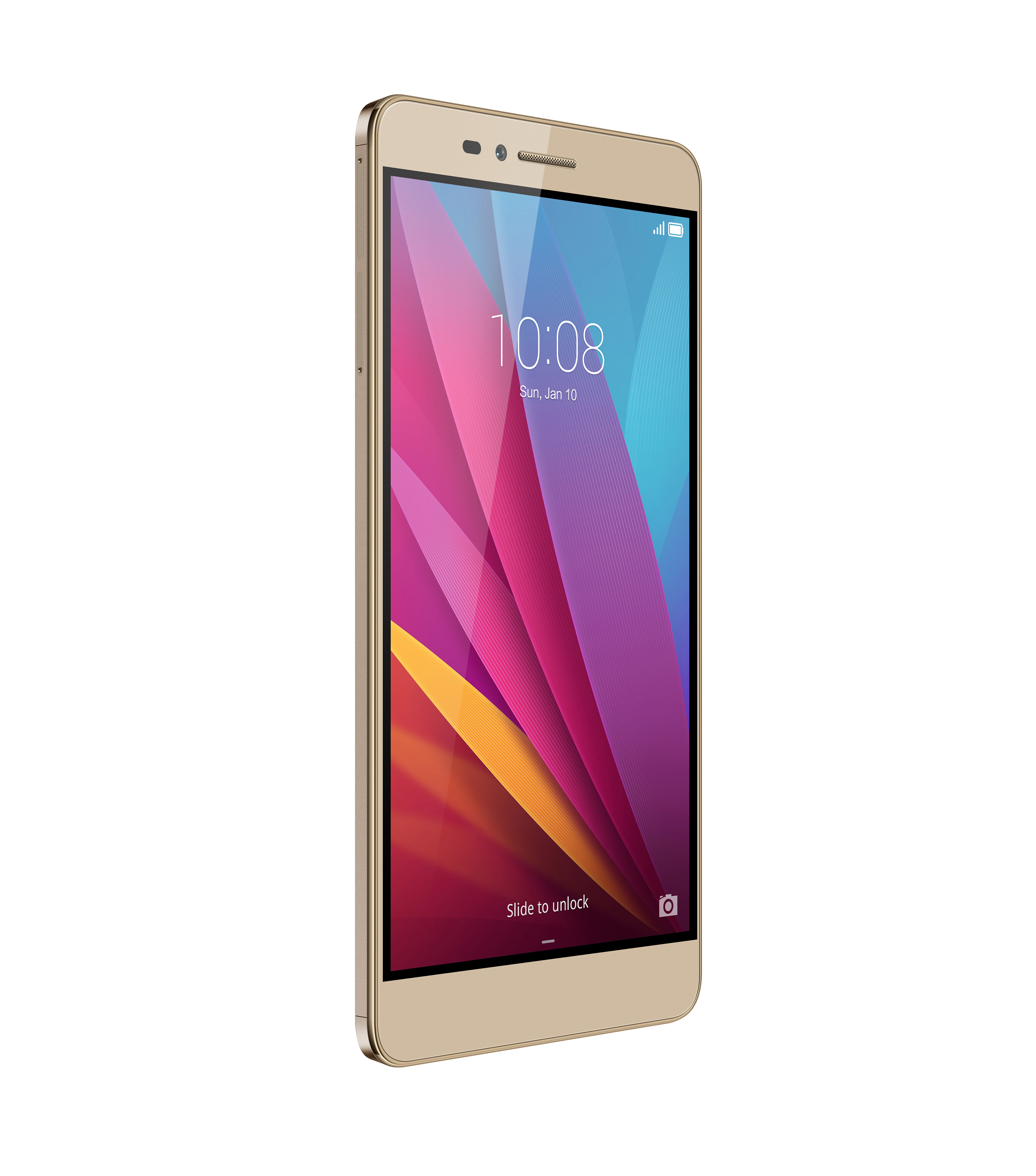 Goldenes Smartphone mit farbenfrohem Bildschirm, weißer Hintergrund und Seitenansicht.