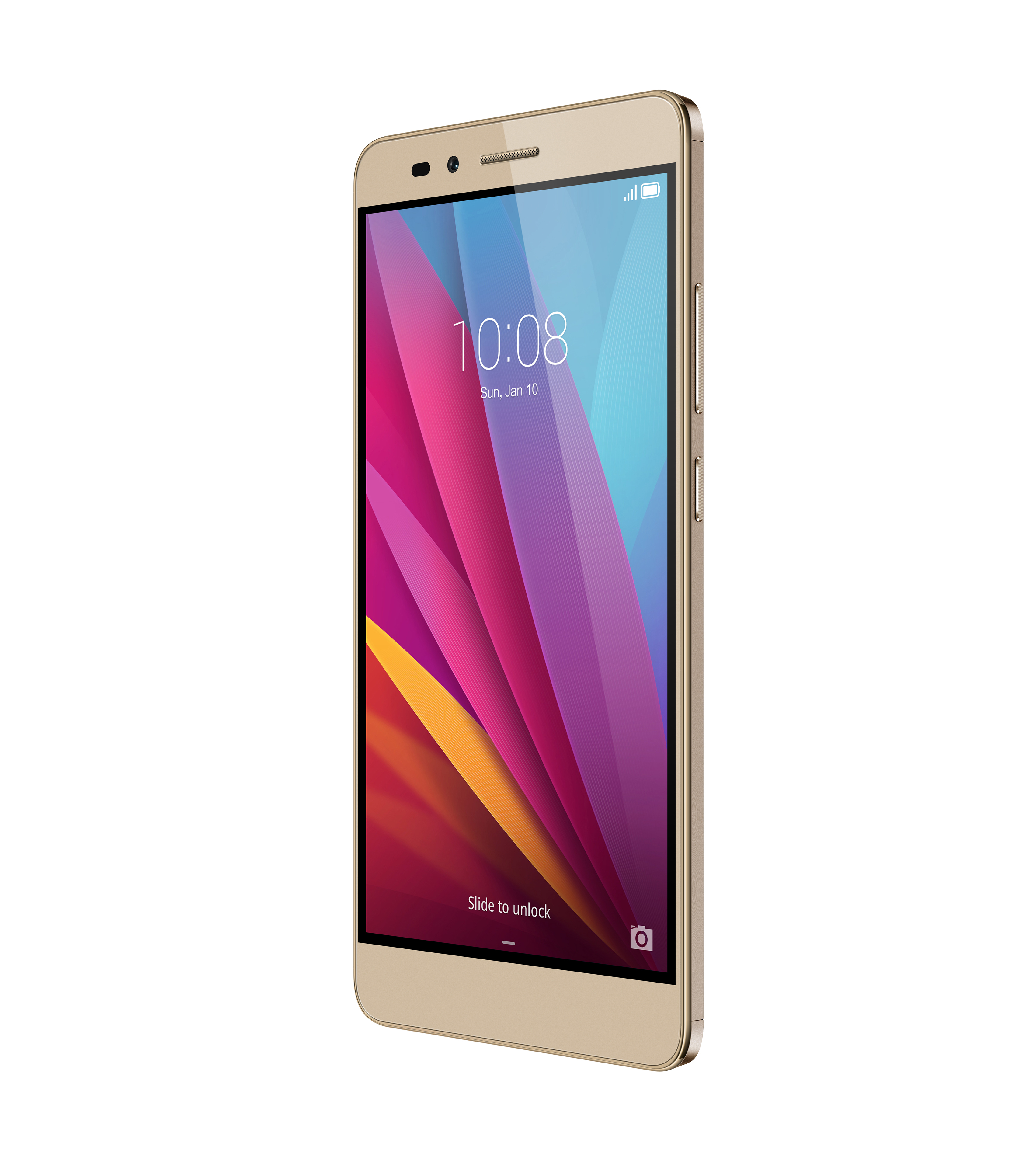 Goldenes Smartphone, Bildschirm zeigt Zeit, bunter Hintergrund, Winkelansicht.