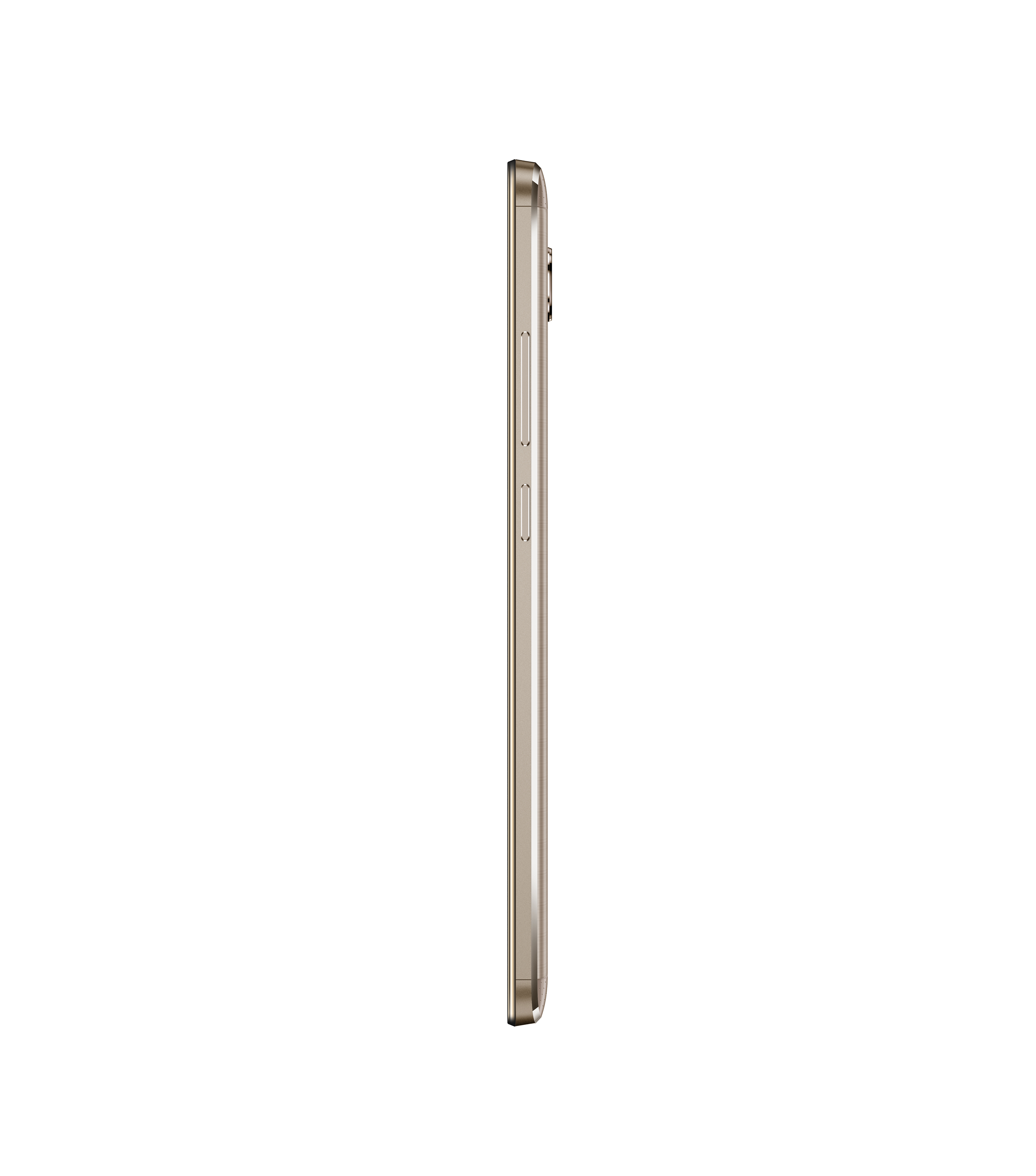Seitenansicht eines goldenen Telefons auf weißem Hintergrund. Das Telefon zeigt nach links.