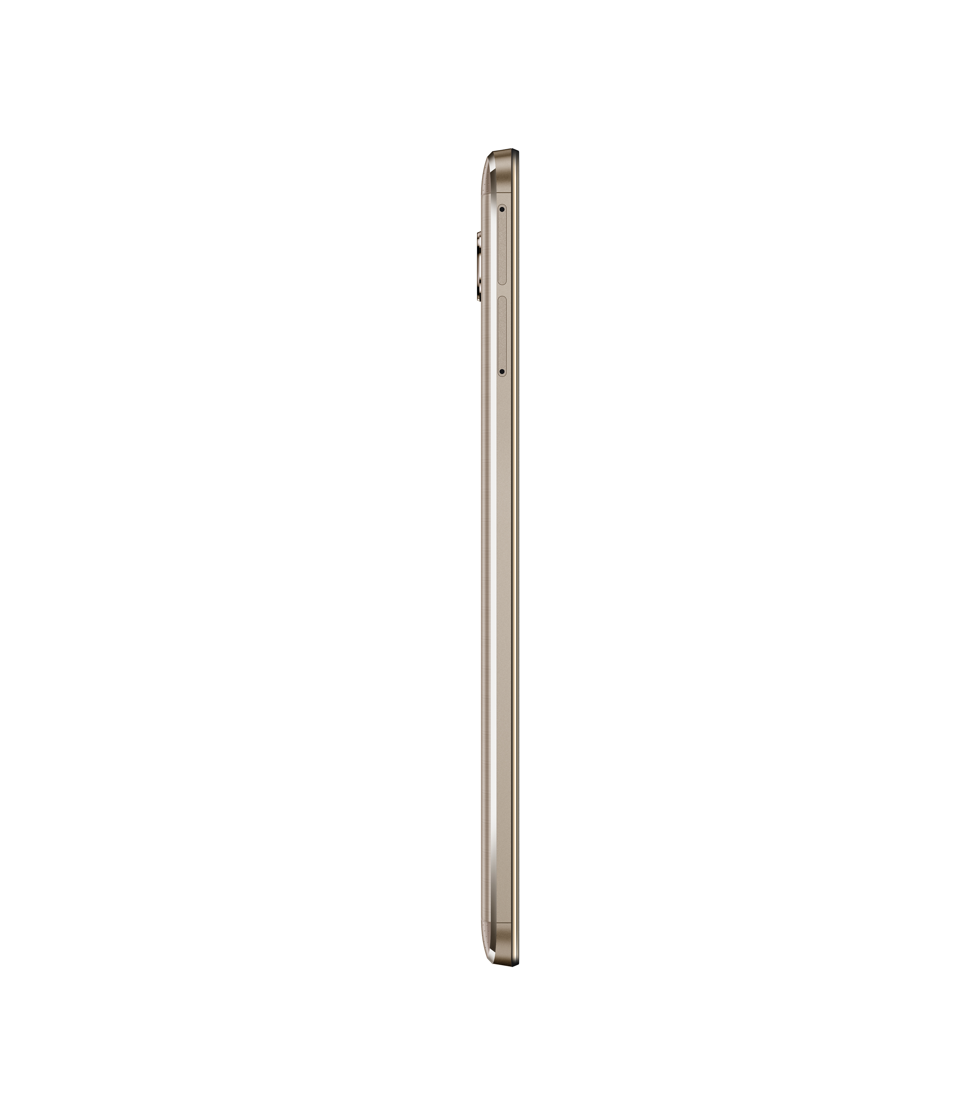 Seitenansicht eines goldenen Smartphones mit Tasten und Seitenprofil.