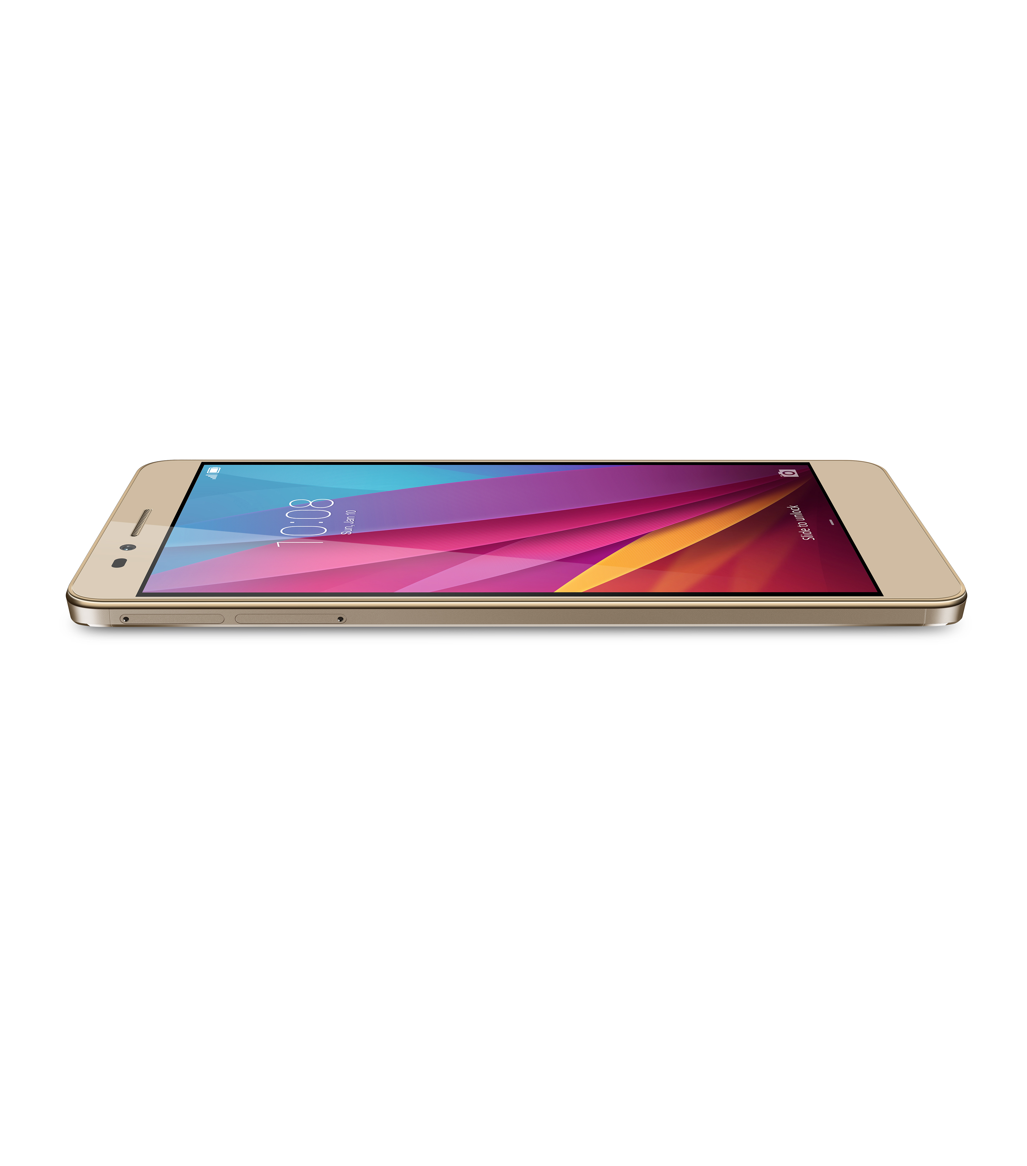 Goldenes Telefon liegt flach. Bildschirm zeigt farbenfrohes Design.