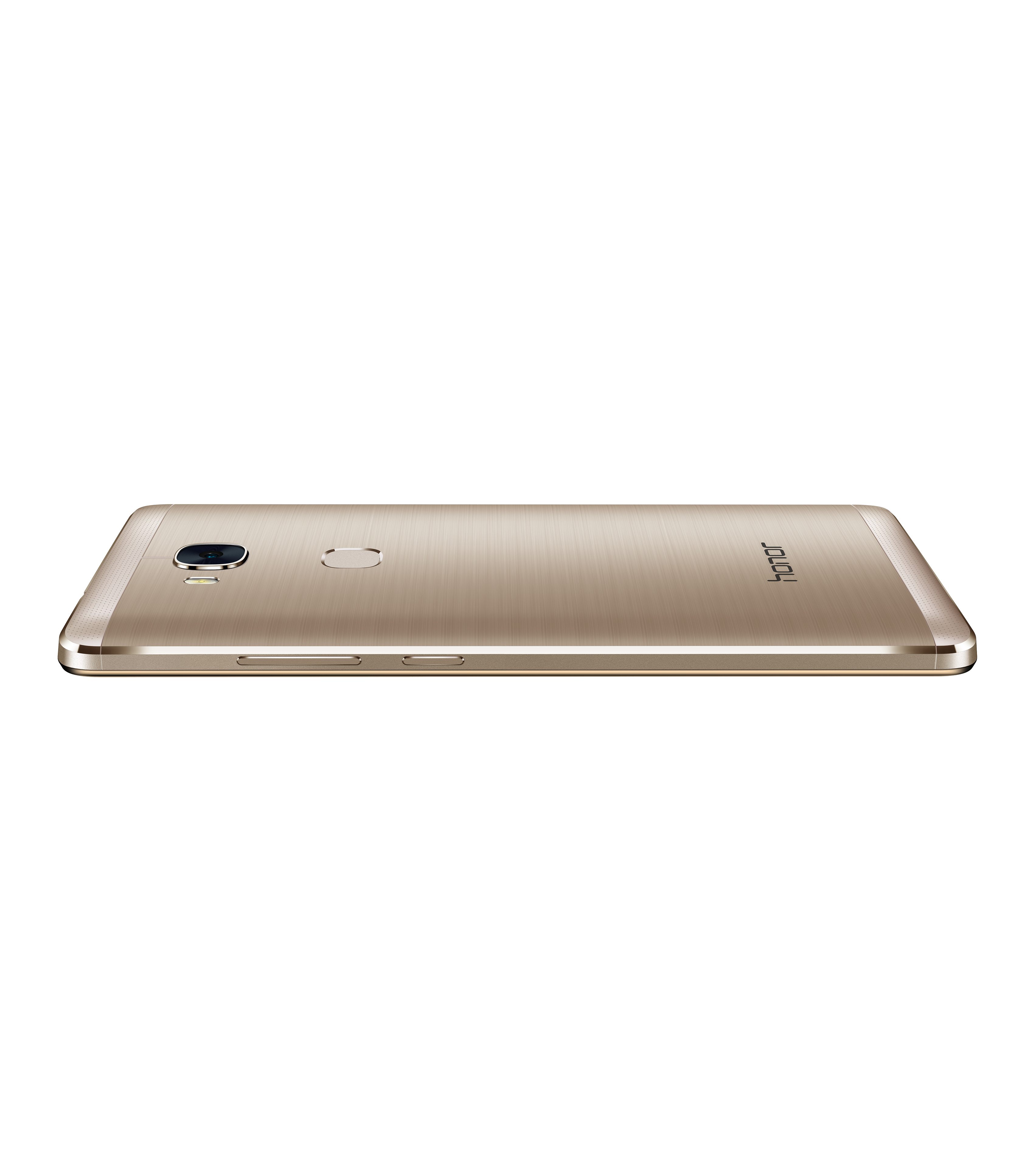 Goldfarbenes Smartphone, Rückseite nach oben, flach liegend. Mit Kamera und Fingerabdrucksensor.