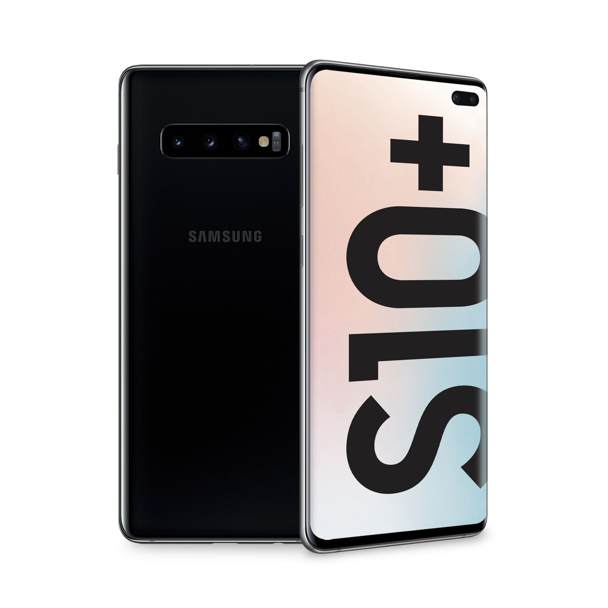 Smartphone Samsung nero dalla parte posteriore. Mostra il logo Samsung e il modulo fotocamera. Lo schermo è acceso.