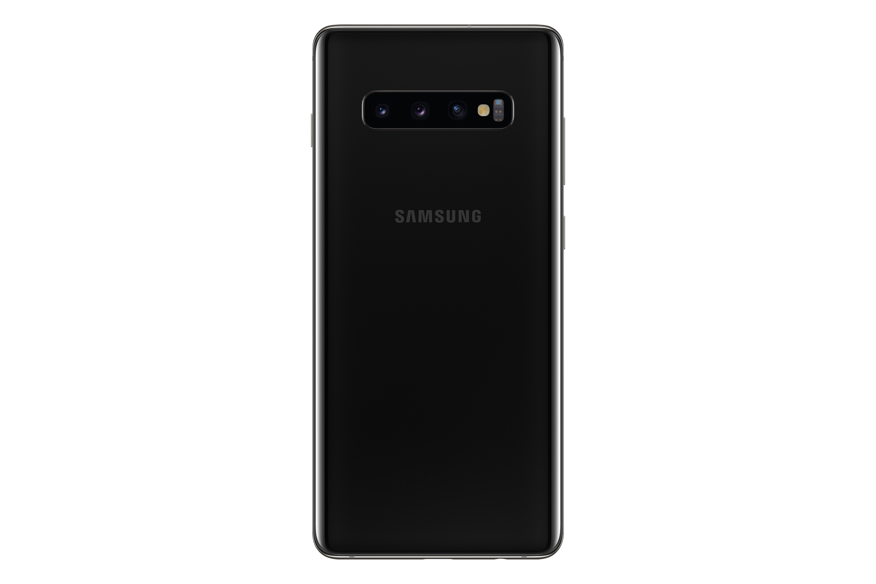 Telefono Samsung nero, vista posteriore. Tre fotocamere visibili, logo Samsung sotto.