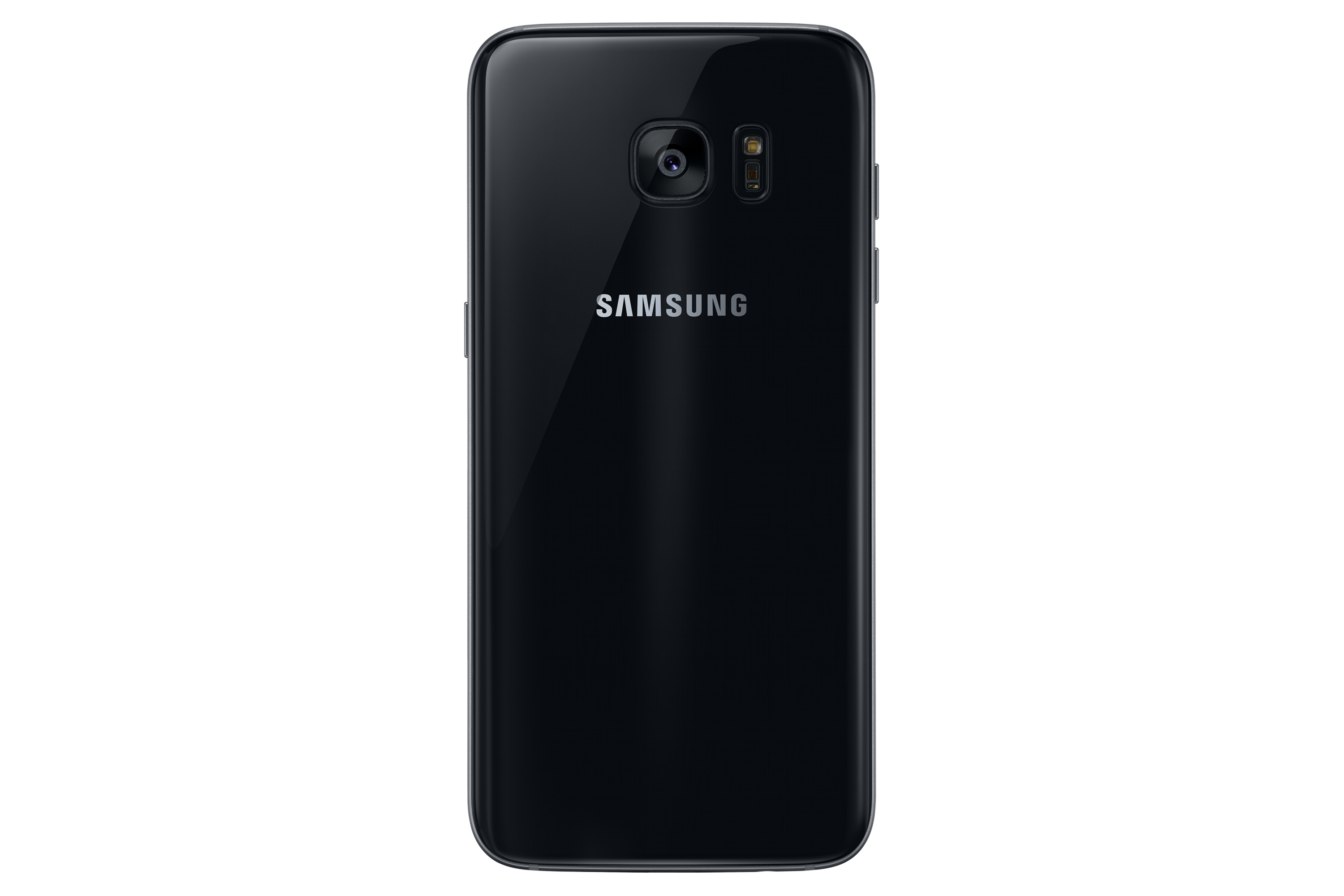 Schwarze Samsung-Handy-Rückseite. Kamera, Logo und glänzendes Finish sichtbar.