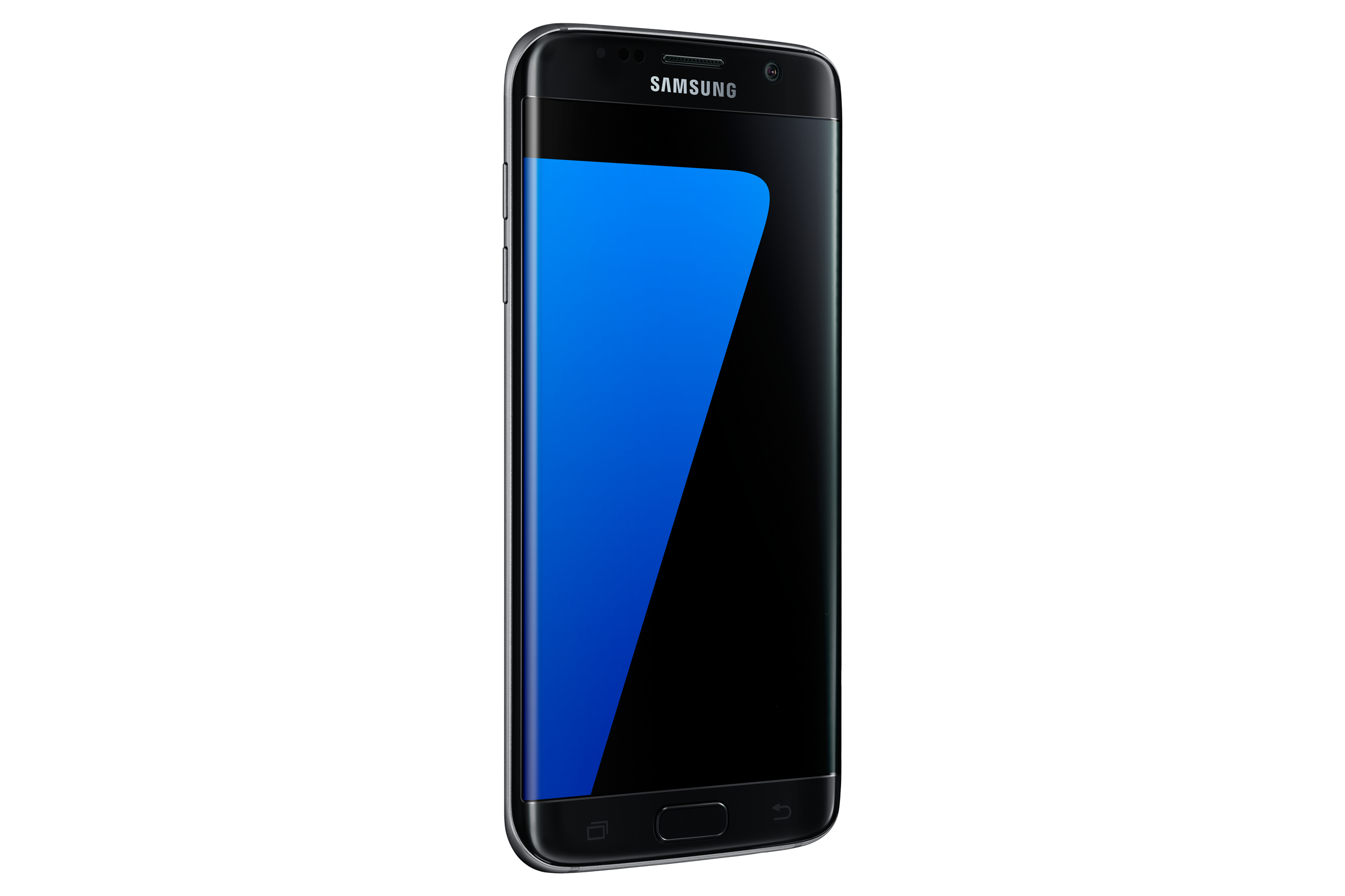 Schwarzes Samsung-Telefon angewinkelt. Blauer Bildschirm.