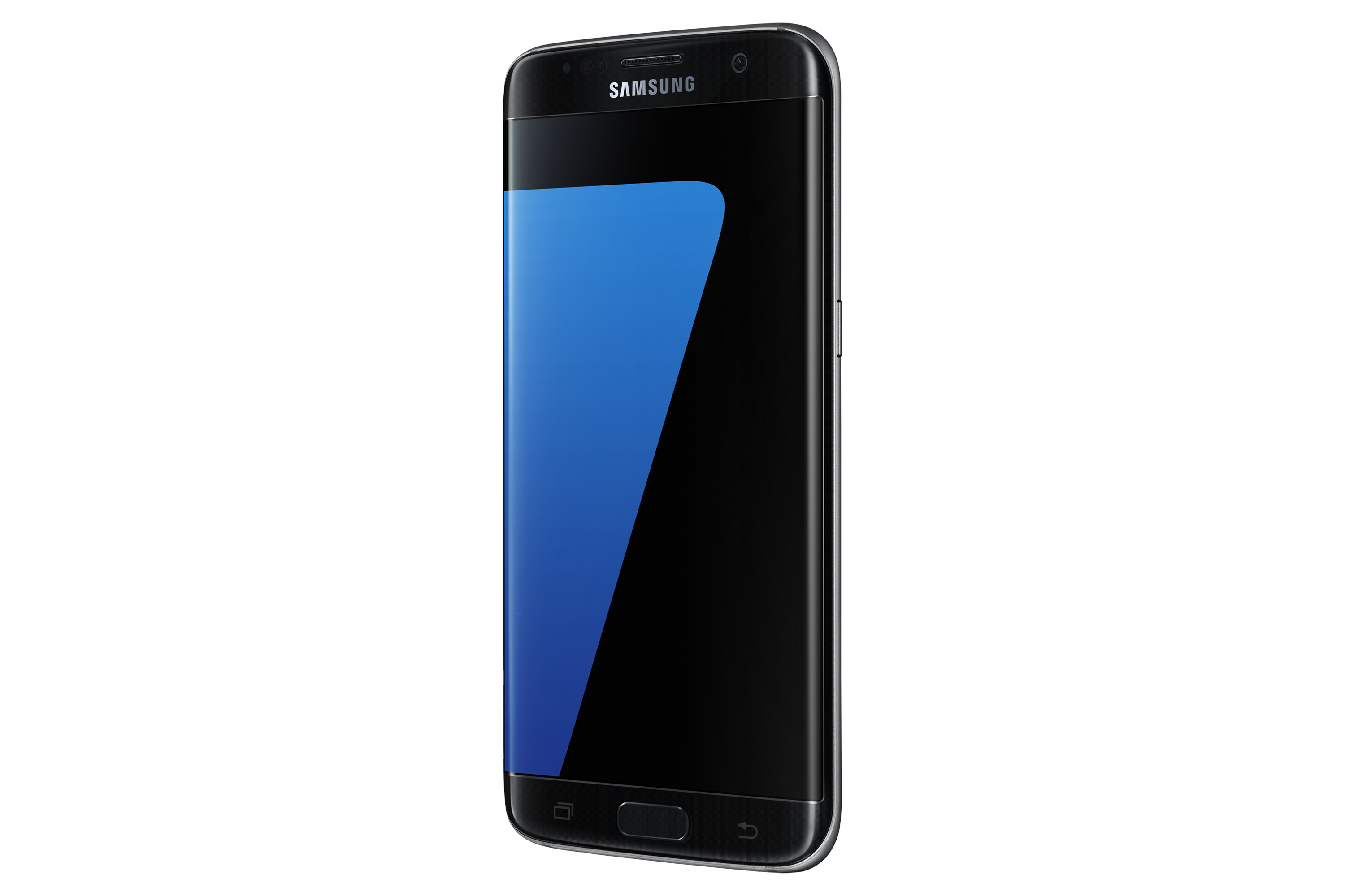 Schwarzes Samsung-Telefon angewinkelt. Blauer Bildschirm.