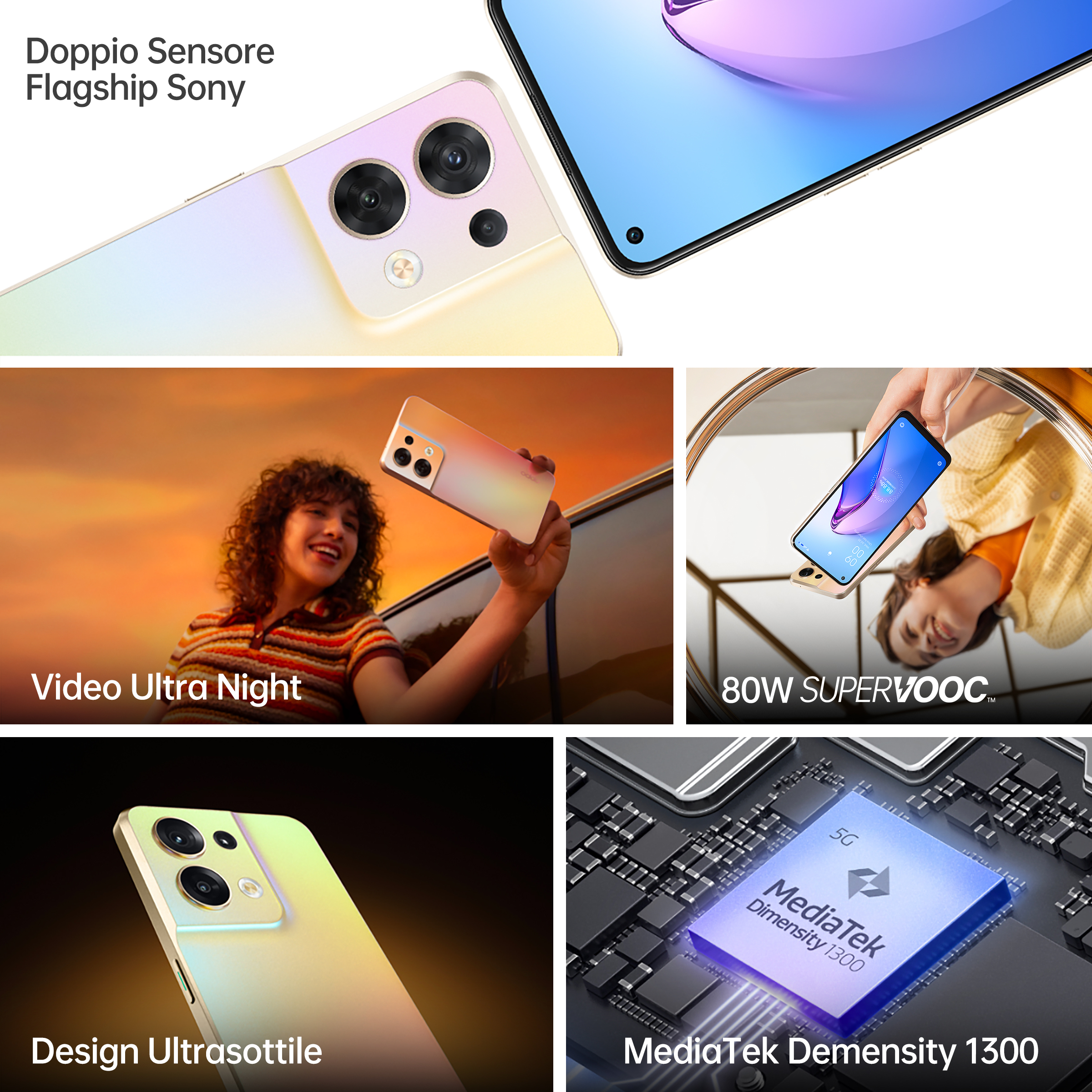 Zdjęcia promocyjne smartfonów, zbliżenia, osoby, funkcje i szczegóły techniczne.