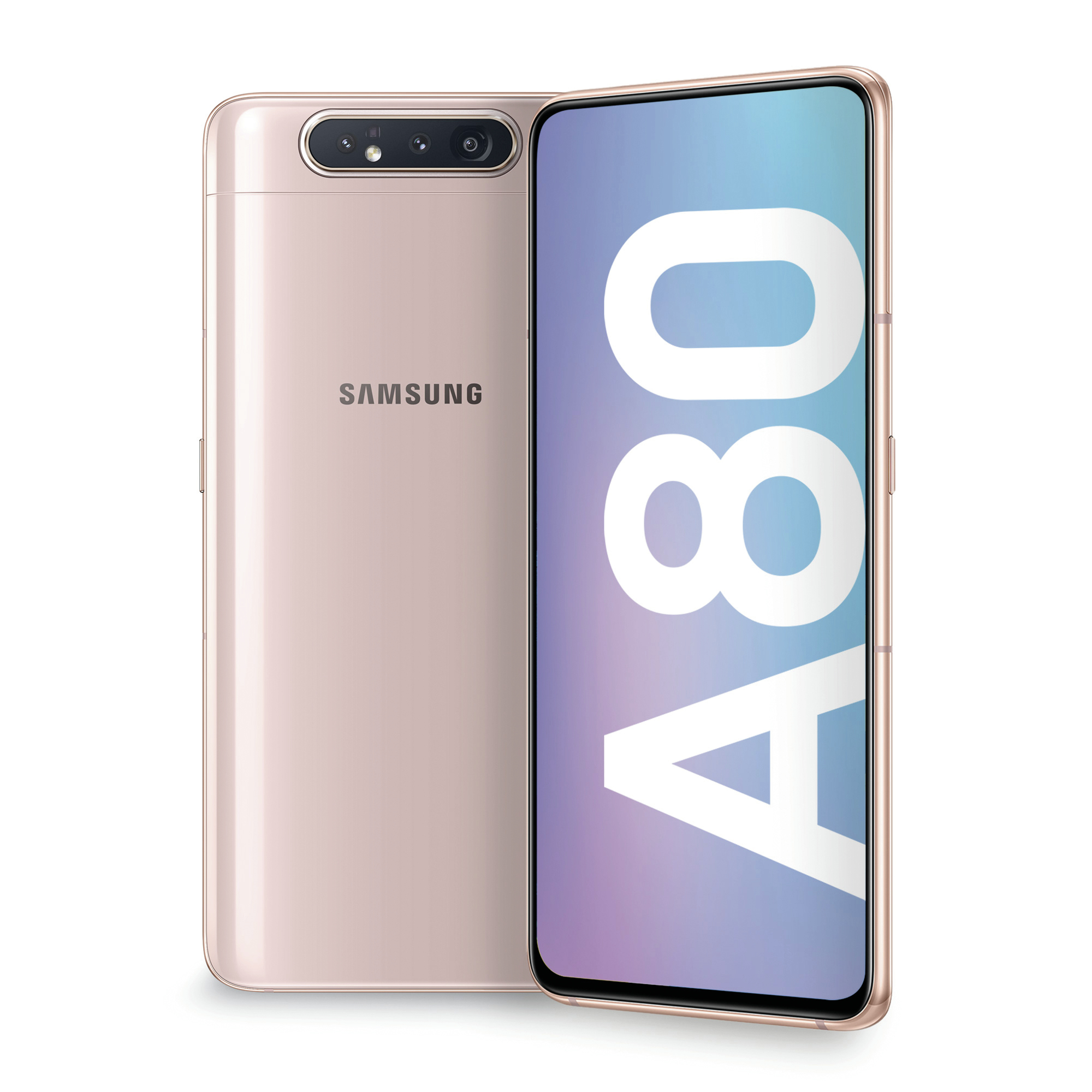 Telefono rosa con fotocamera e schermo che mostra un gradiente viola e blu.