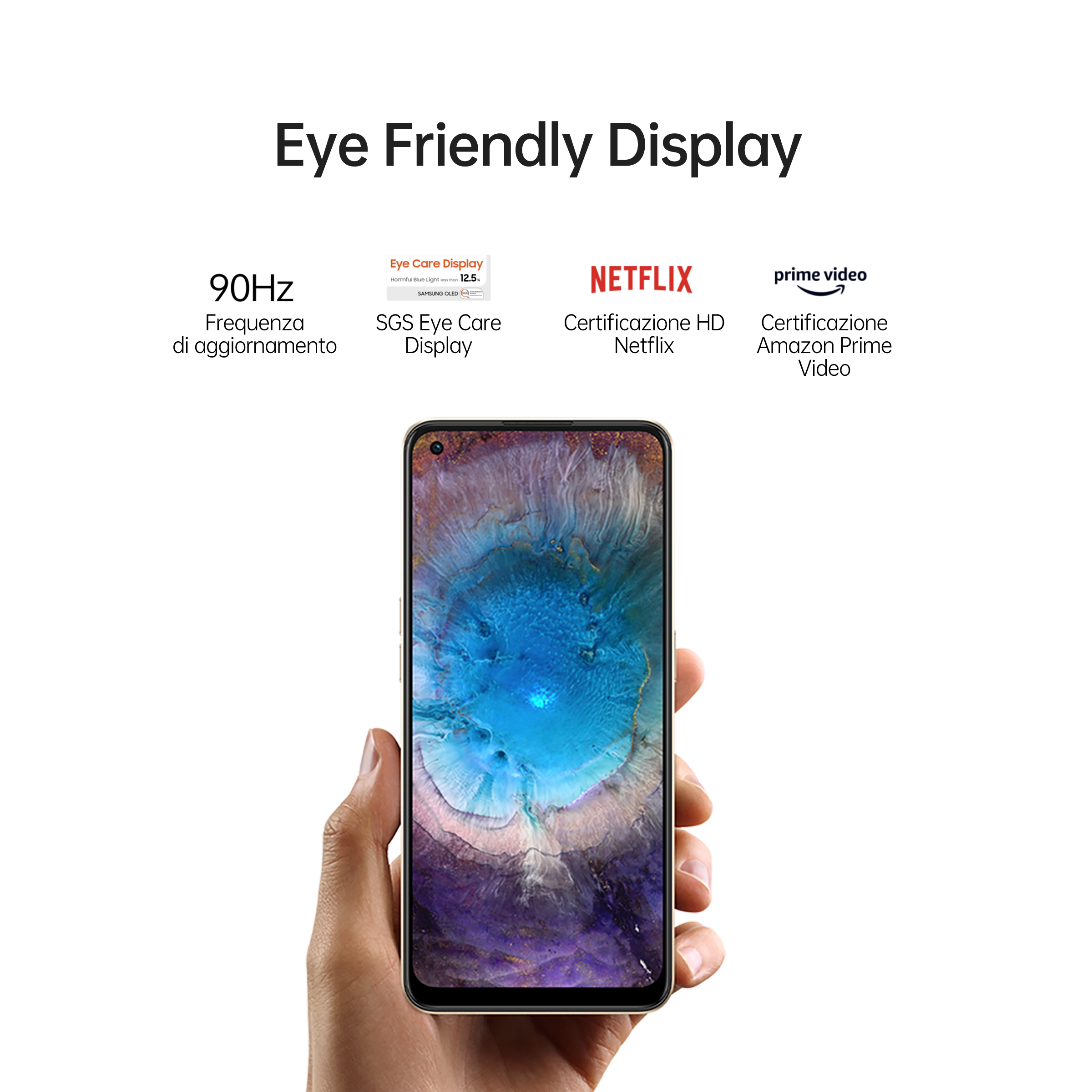 Dłoń trzymająca telefon pokazująca funkcje wyświetlacza, w tym Netflix i Prime Video.