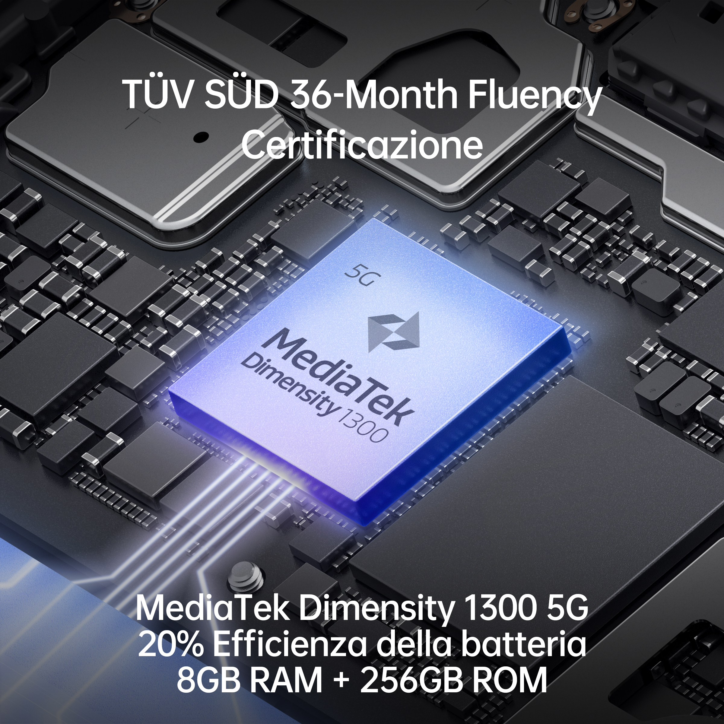 Zbliżenie na mikrochip, tekst i dane, niebiesko-czarne tło.