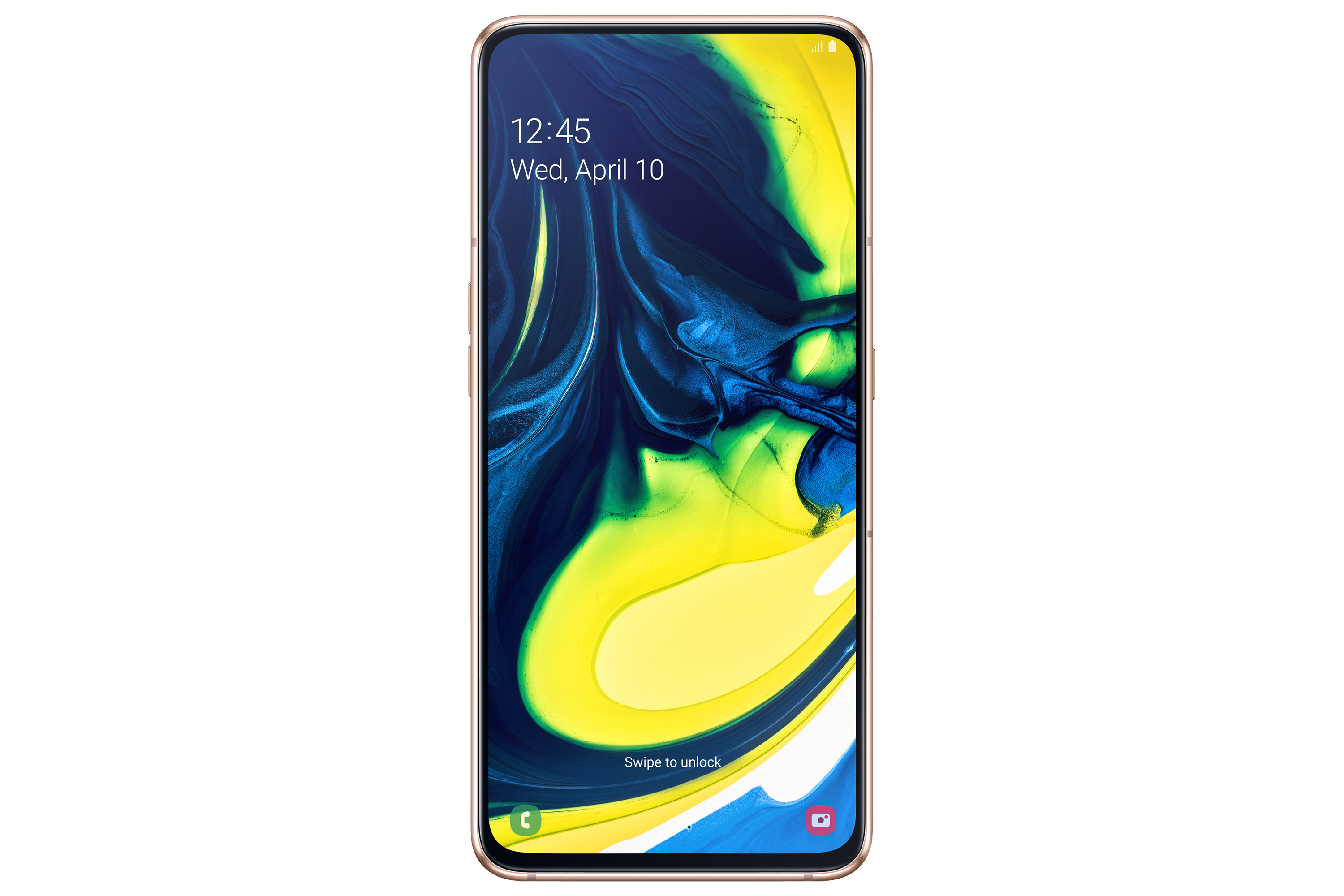 Telefono dorato, schermo con sfondo astratto colorato, ora 12:45 e data.